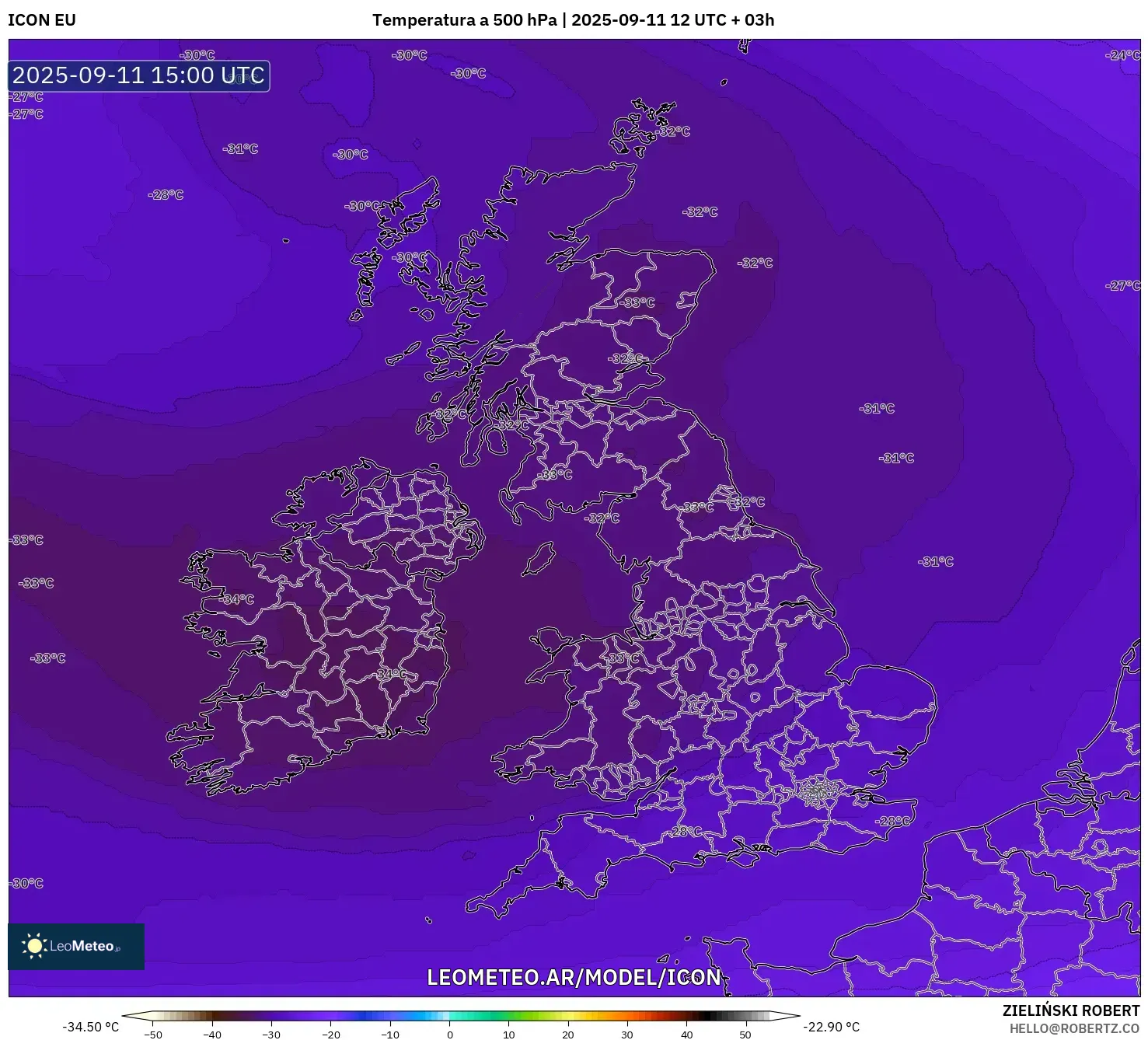ICON model - Reino Unido, Temperatura a 500 hPa