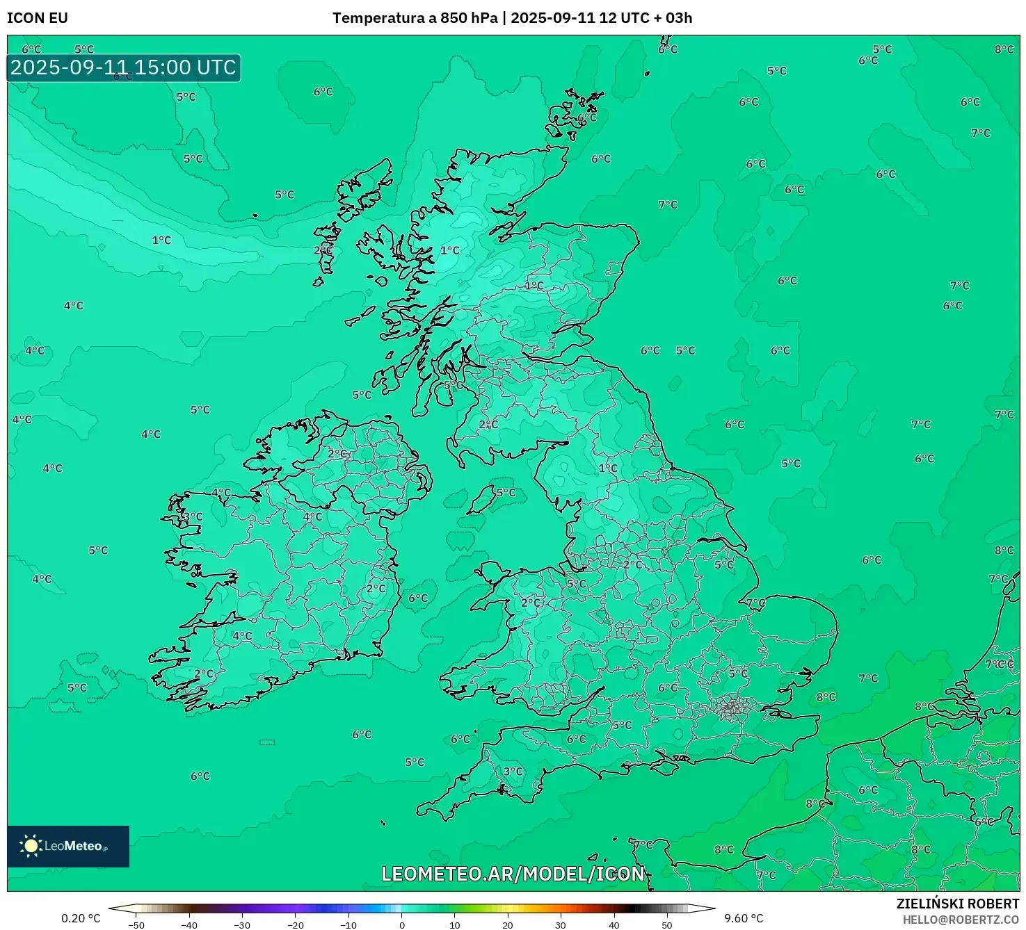 ICON model - Reino Unido, Temperatura a 850 hPa