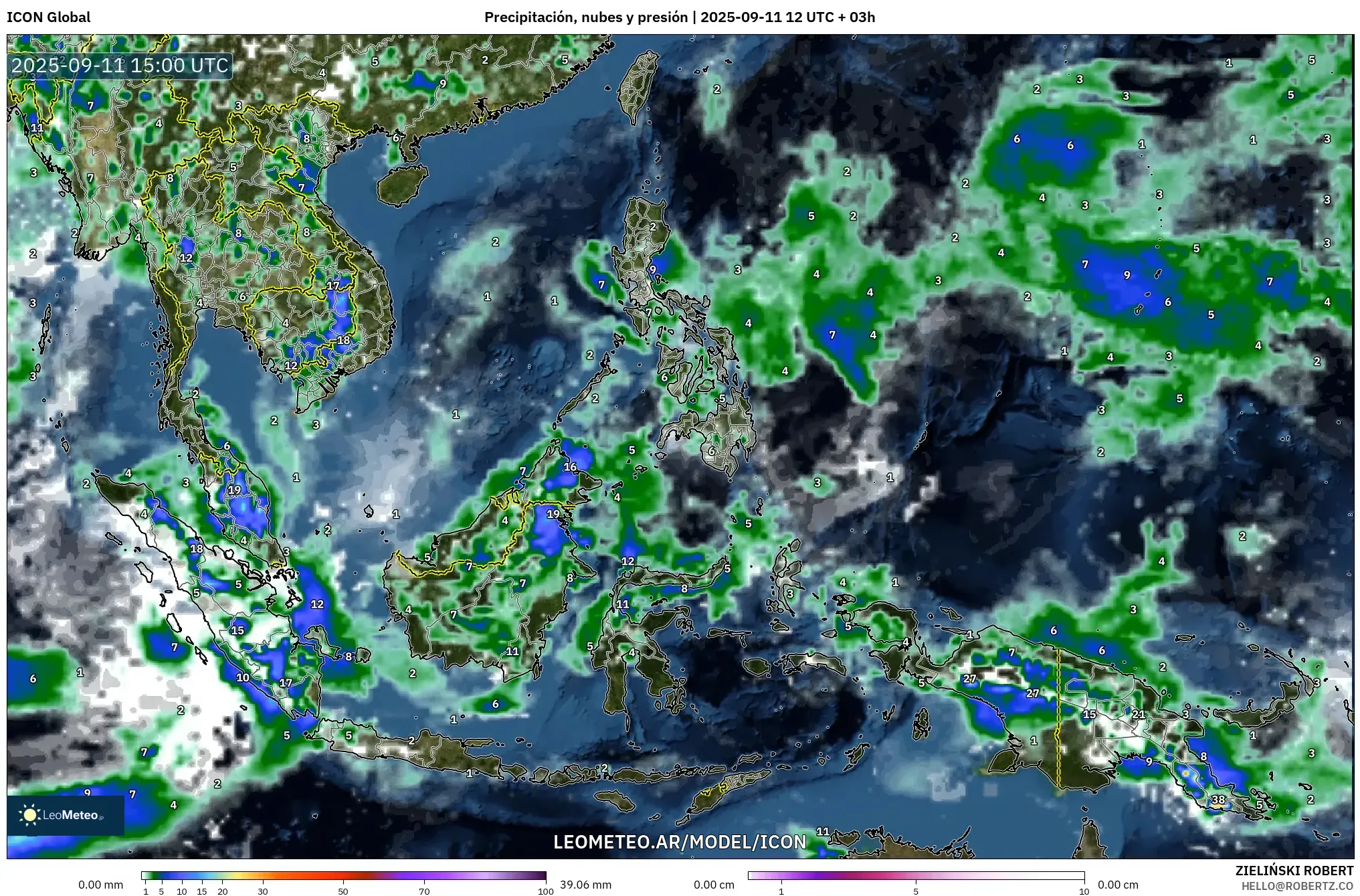 ICON model - Sudeste Asiático, Precipitación, nubes y presión