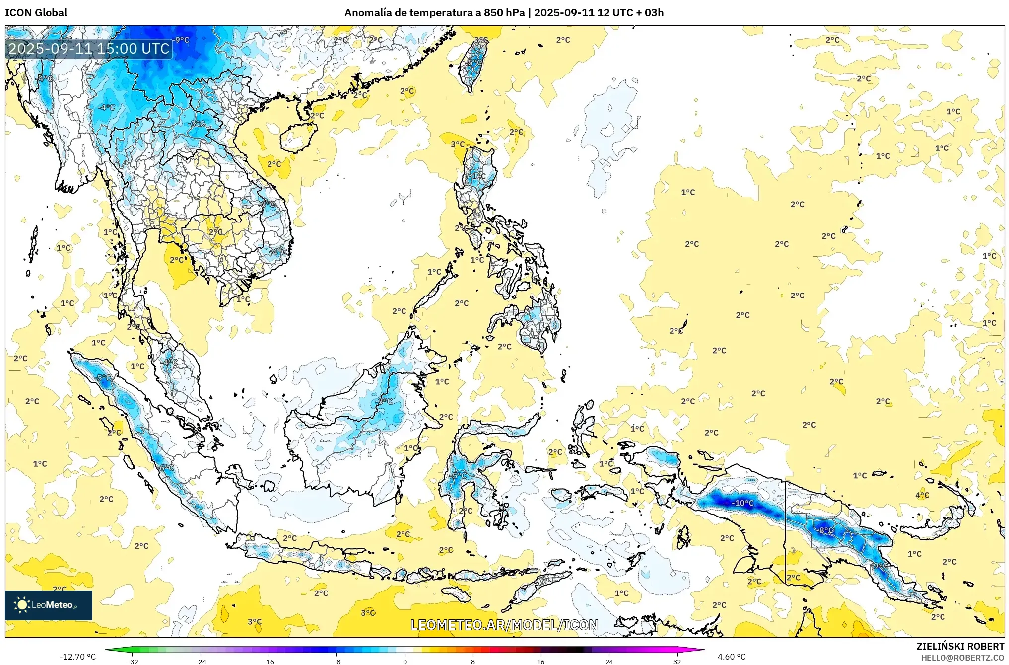 ICON model - Sudeste Asiático, Anomalía de temperatura a 850 hPa