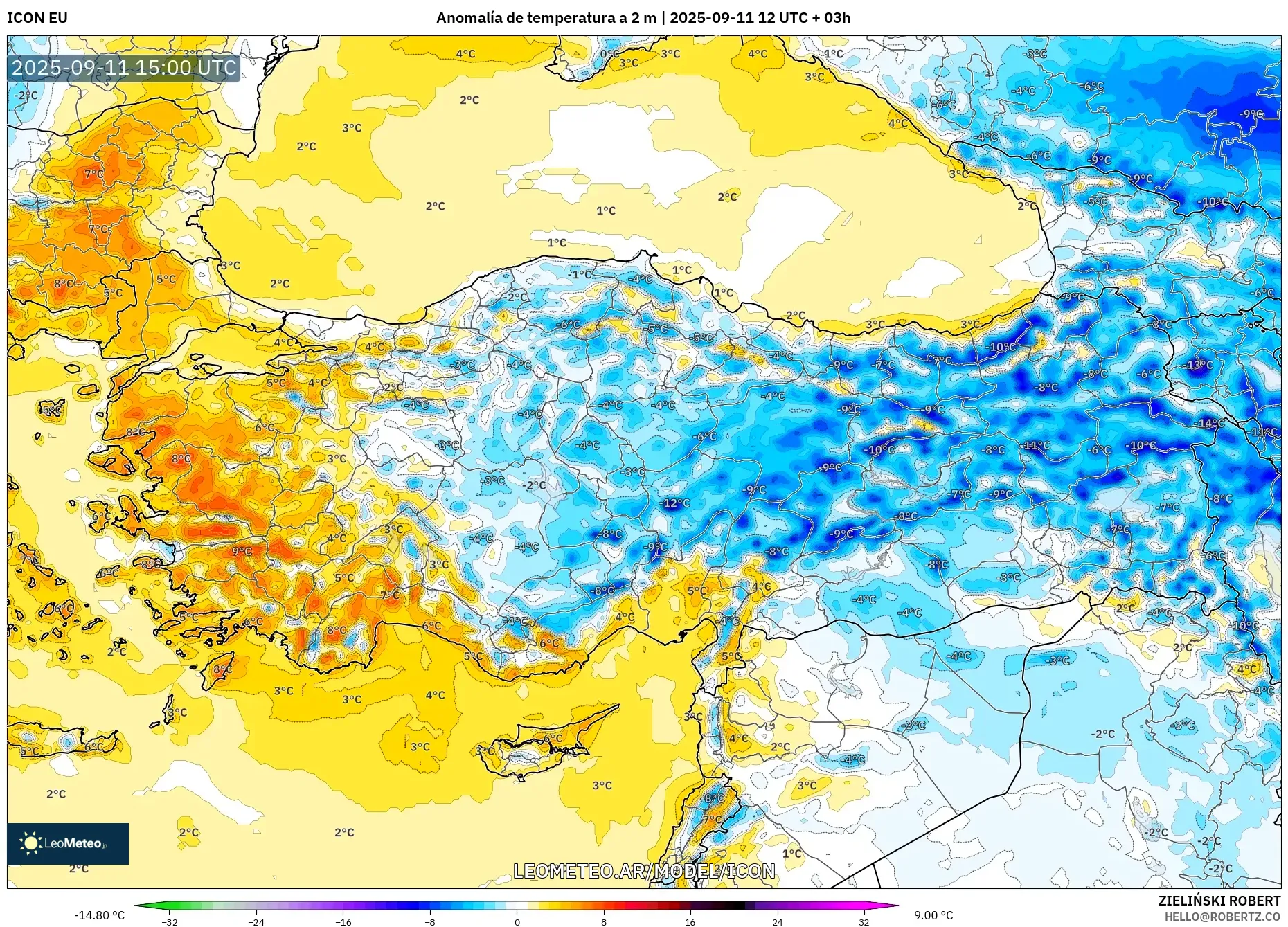 ICON model - Turquía, Anomalía de temperatura a 2 m