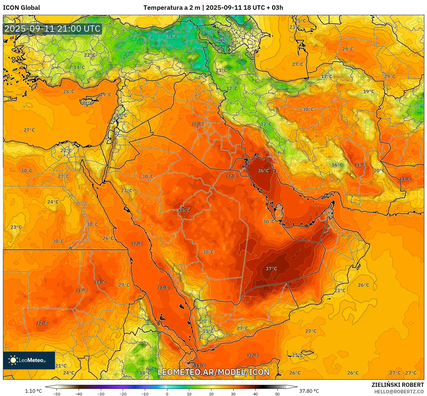 ICON model - Oriente Medio, Temperatura a 2 m