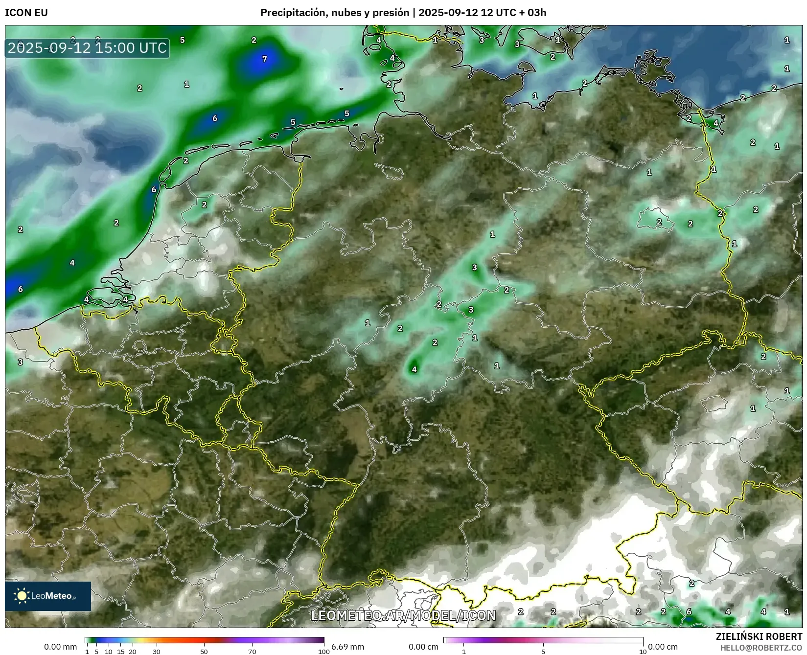 ICON model - Alemania, Precipitación, nubes y presión