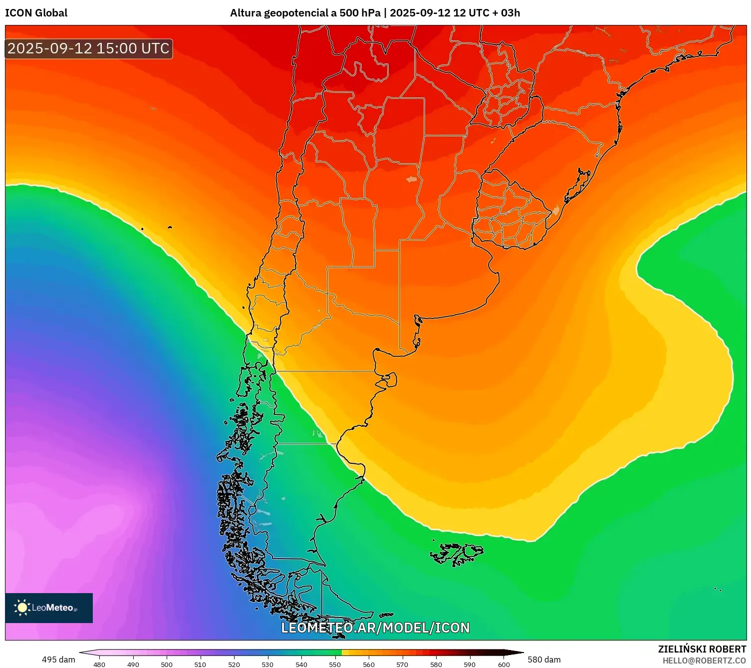 ICON model - Argentina, Altura geopotencial a 500 hPa