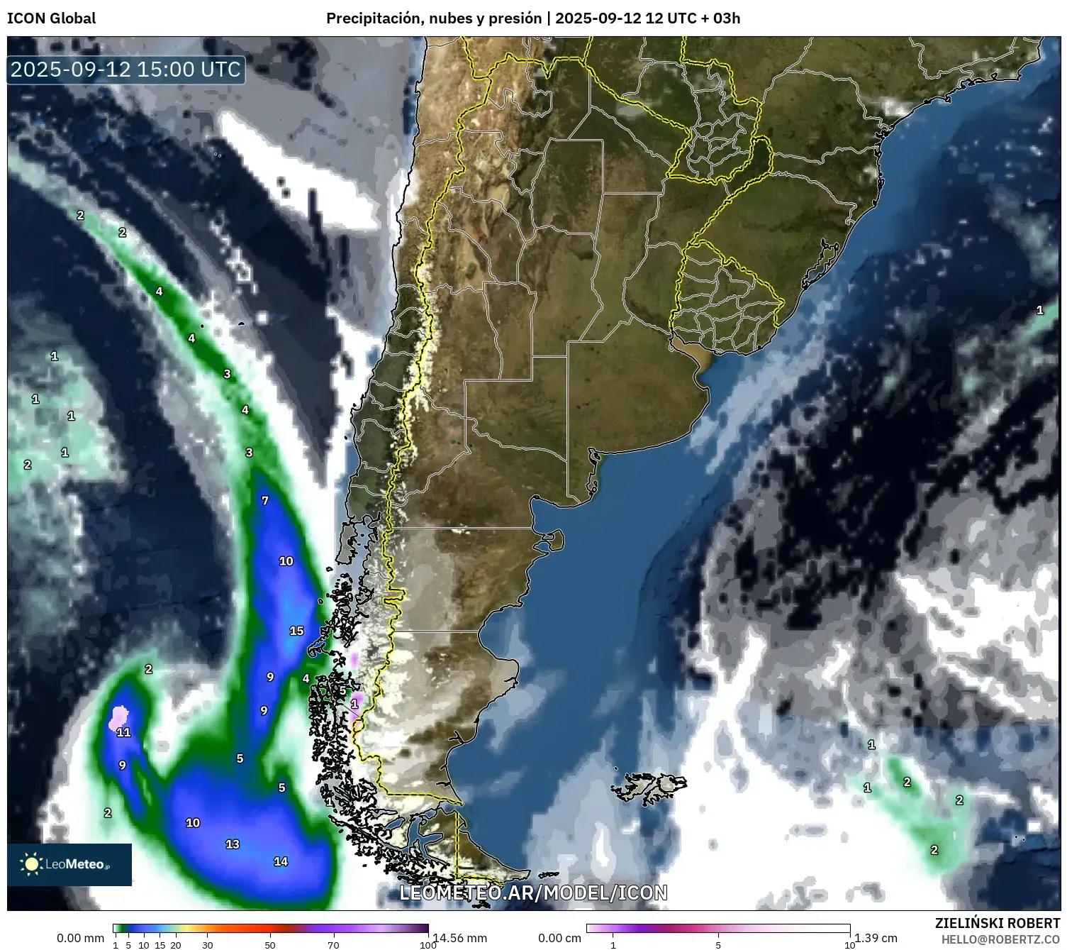 ICON model - Argentina, Precipitación, nubes y presión
