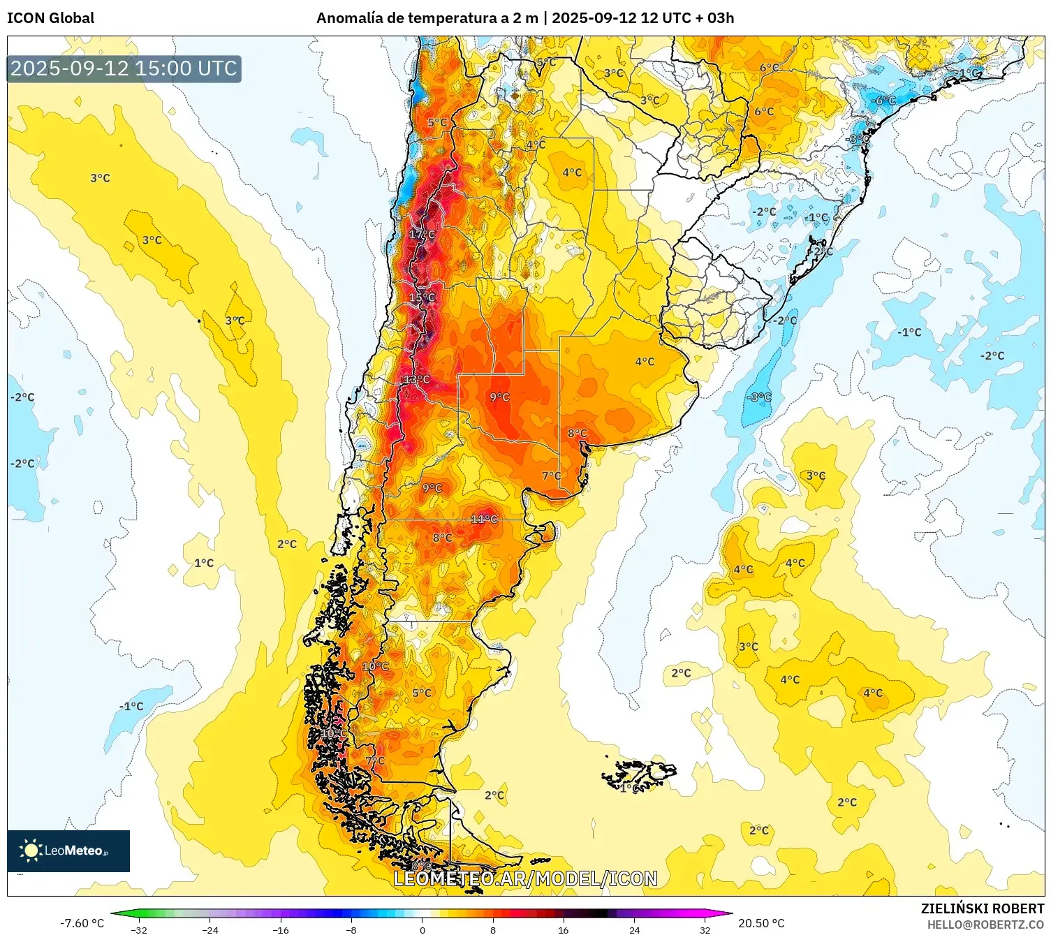ICON model - Argentina, Anomalía de temperatura a 2 m ICON model - Argentina, Anomalía de temperatura a 2 m