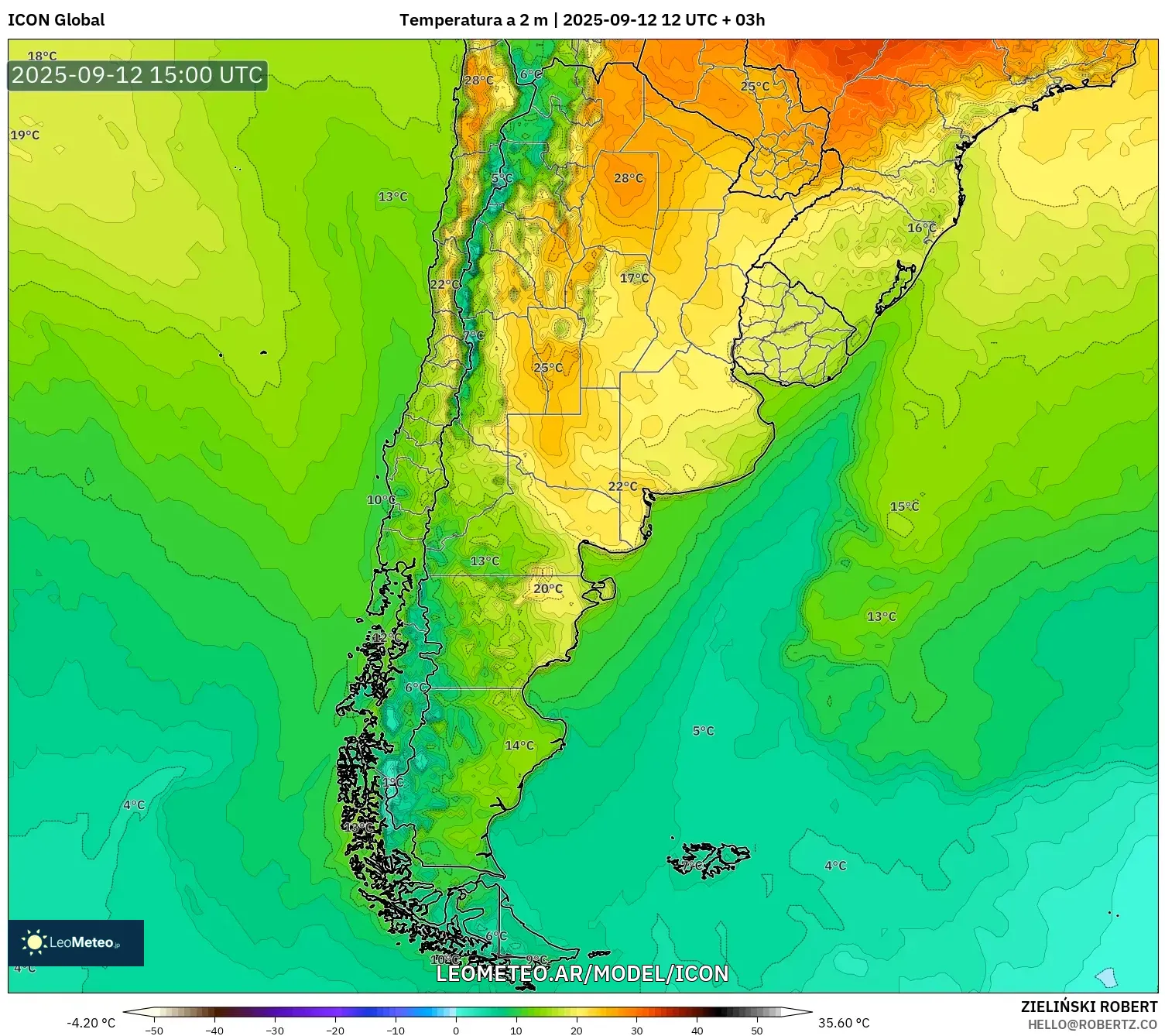 ICON model - Argentina, Temperatura a 2 m