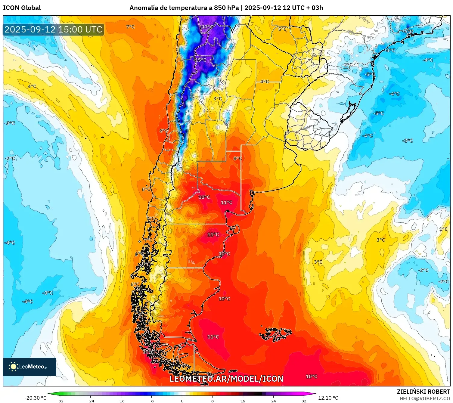ICON model - Argentina, Anomalía de temperatura a 850 hPa