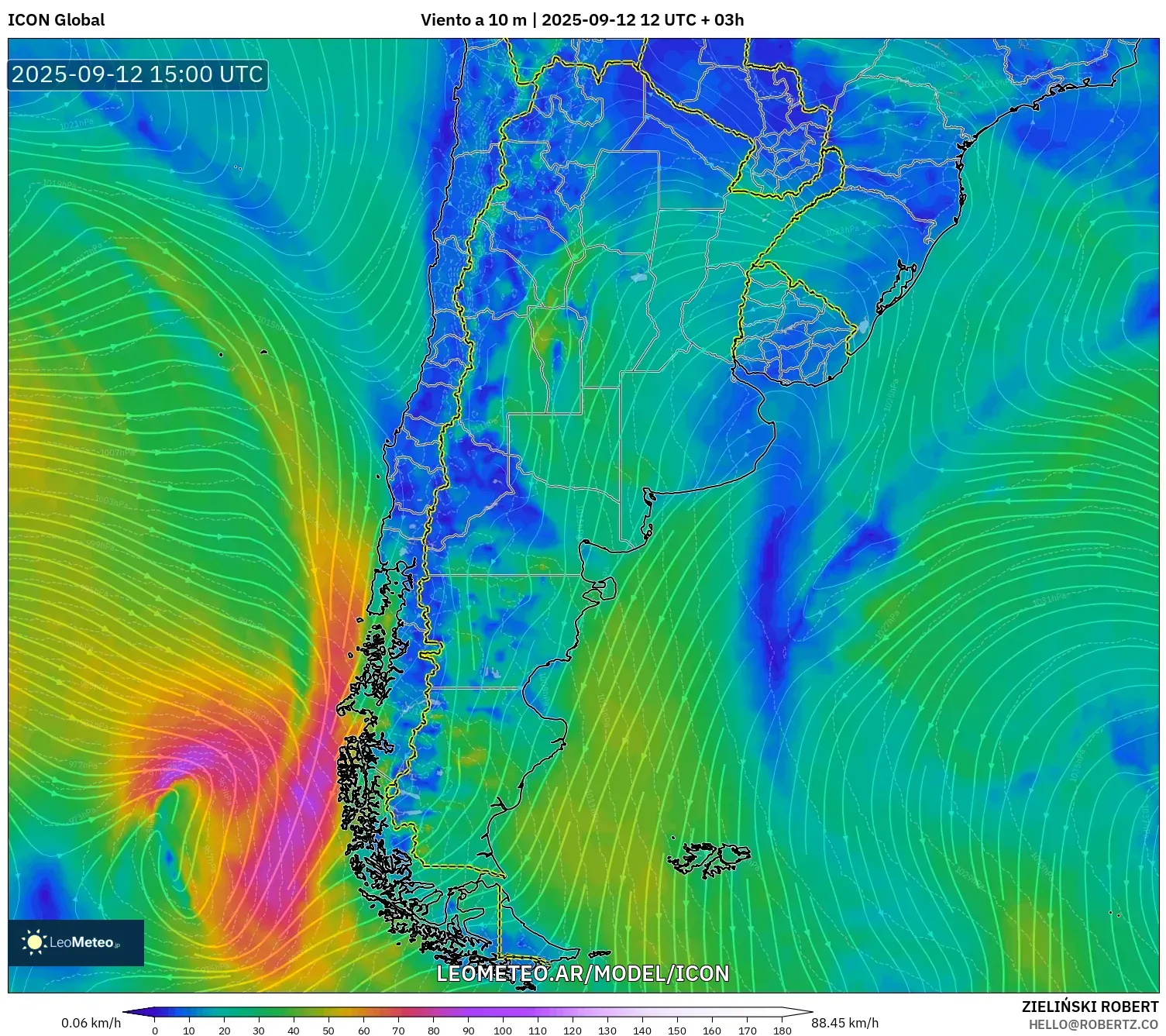 ICON model - Argentina, Viento a 10 m