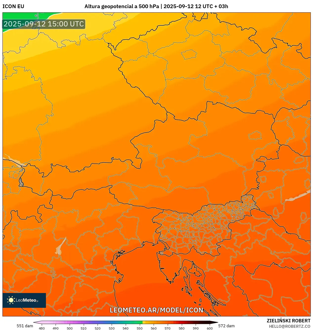 ICON model - Austria, Altura geopotencial a 500 hPa