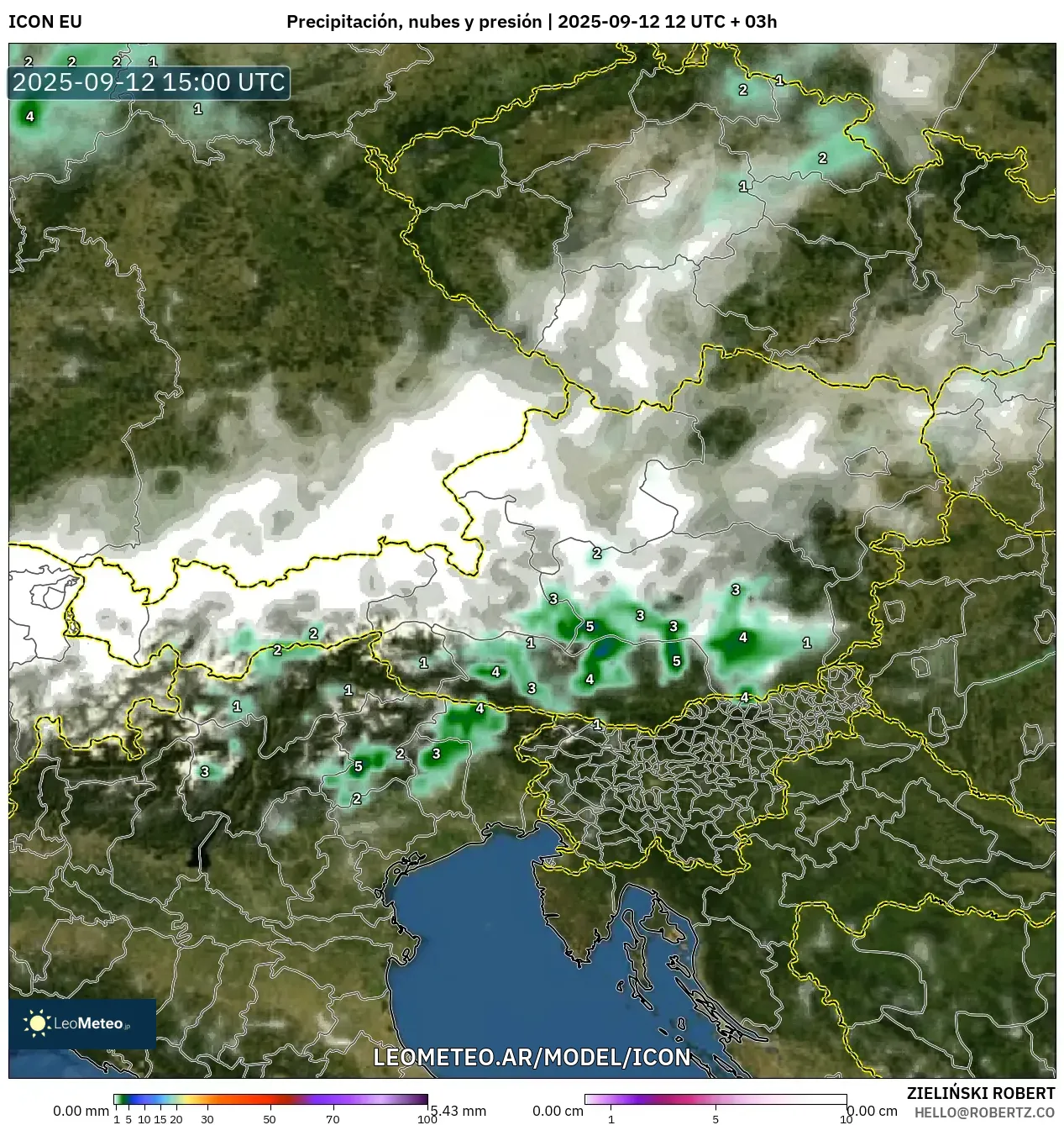 ICON model - Austria, Precipitación, nubes y presión