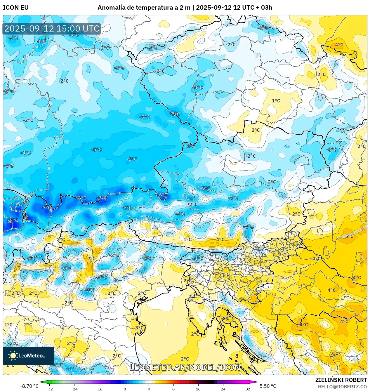 ICON model - Austria, Anomalía de temperatura a 2 m ICON model - Austria, Anomalía de temperatura a 2 m