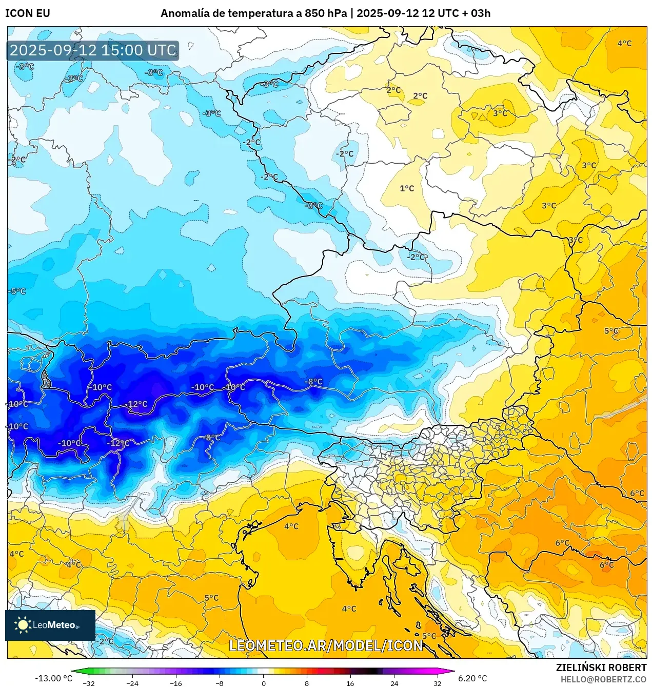 ICON model - Austria, Anomalía de temperatura a 850 hPa ICON model - Austria, Anomalía de temperatura a 850 hPa