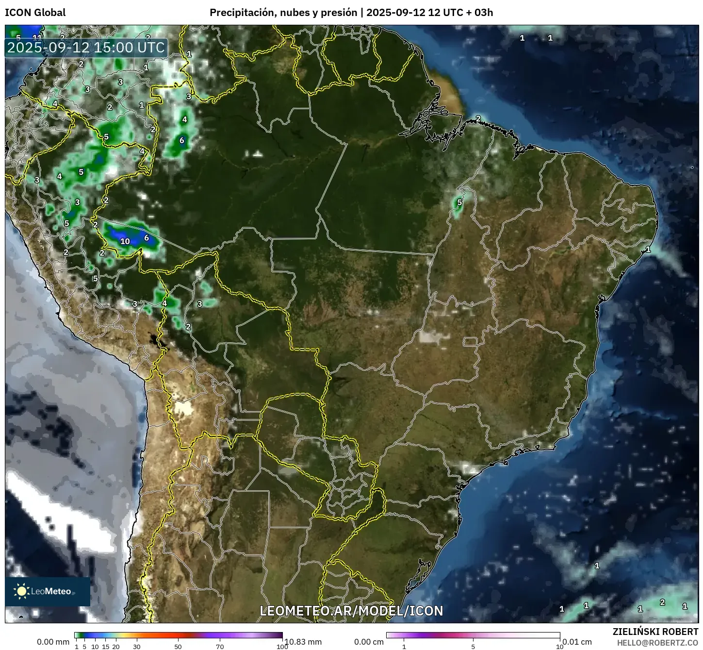 ICON model - Brasil, Precipitación, nubes y presión ICON model - Brasil, Precipitación, nubes y presión