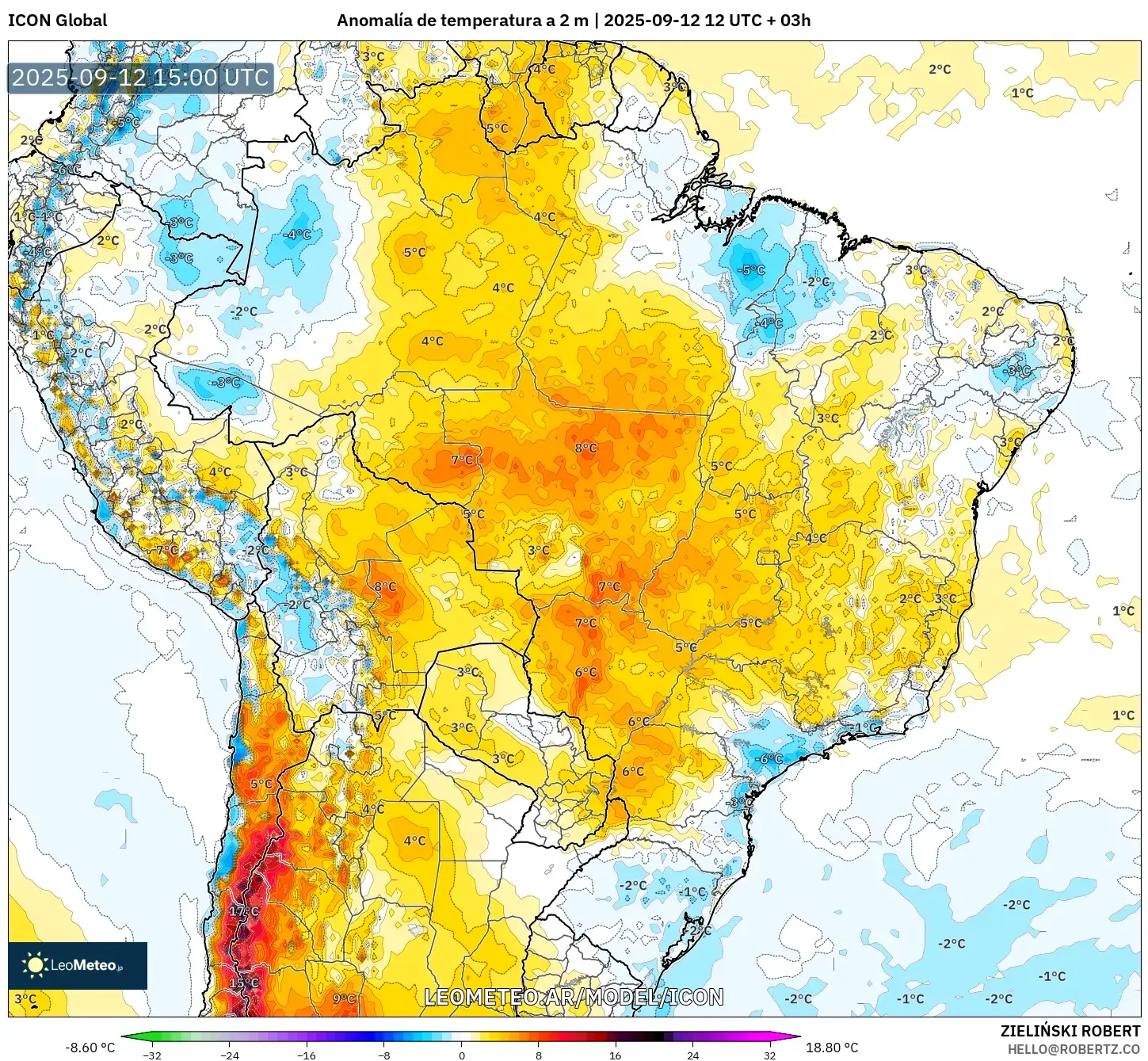 ICON model - Brasil, Anomalía de temperatura a 2 m ICON model - Brasil, Anomalía de temperatura a 2 m
