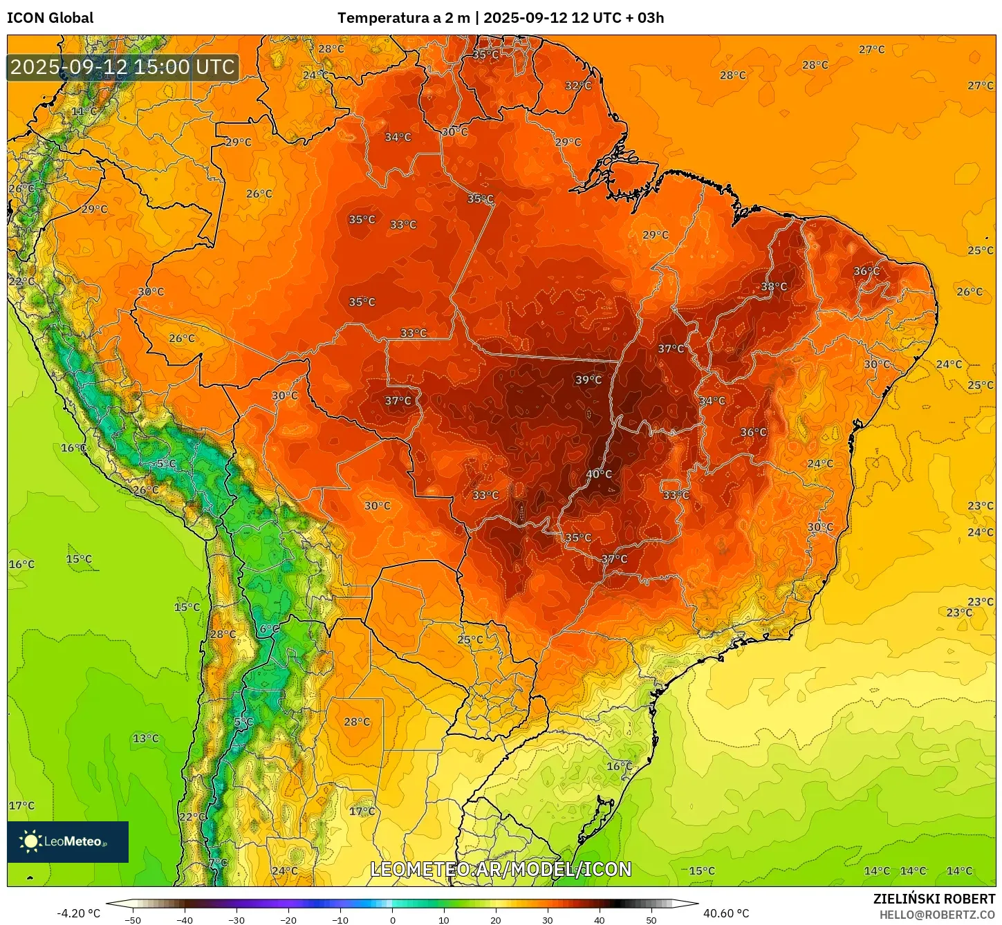 ICON model - Brasil, Temperatura a 2 m ICON model - Brasil, Temperatura a 2 m