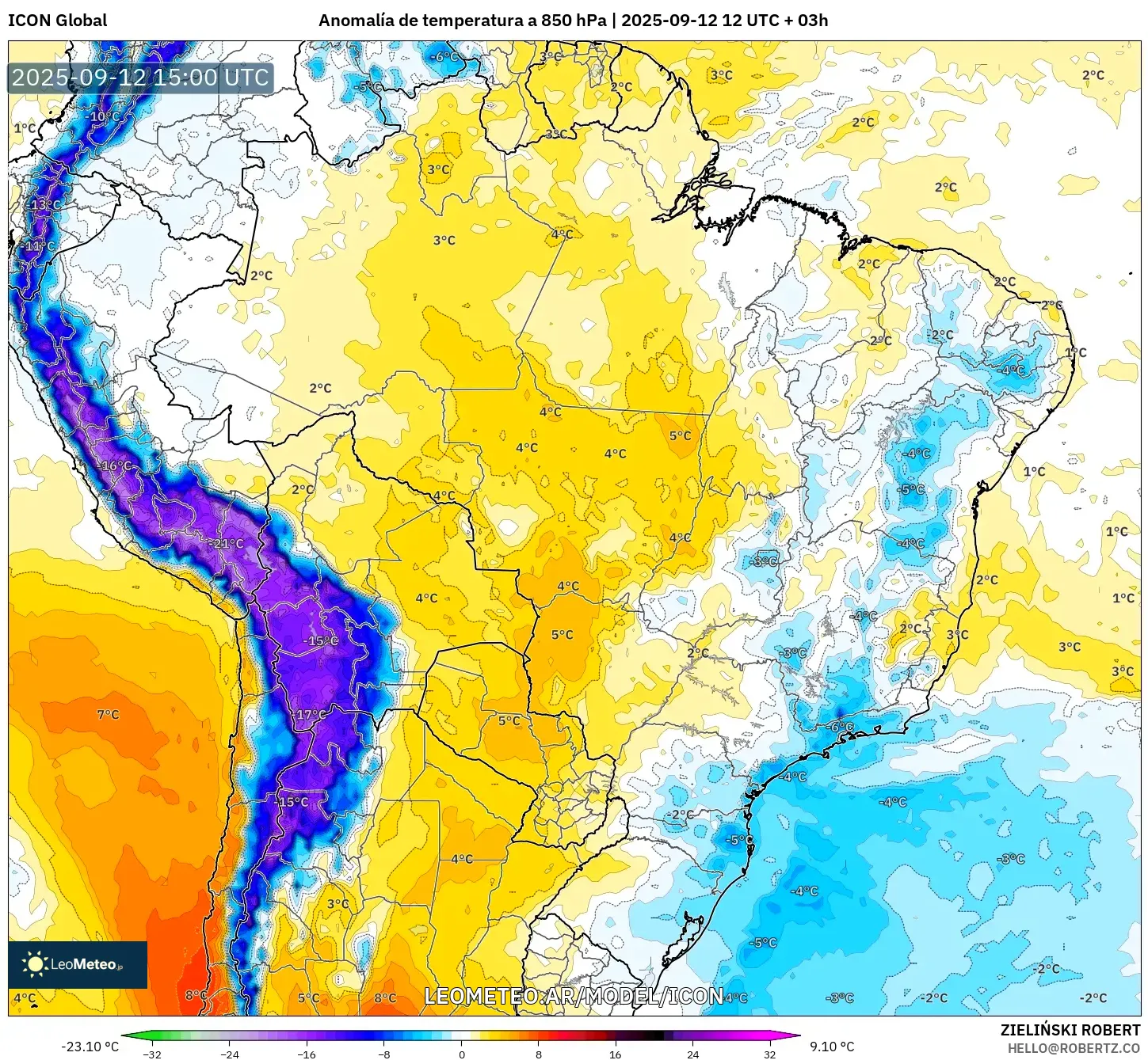 ICON model - Brasil, Anomalía de temperatura a 850 hPa ICON model - Brasil, Anomalía de temperatura a 850 hPa