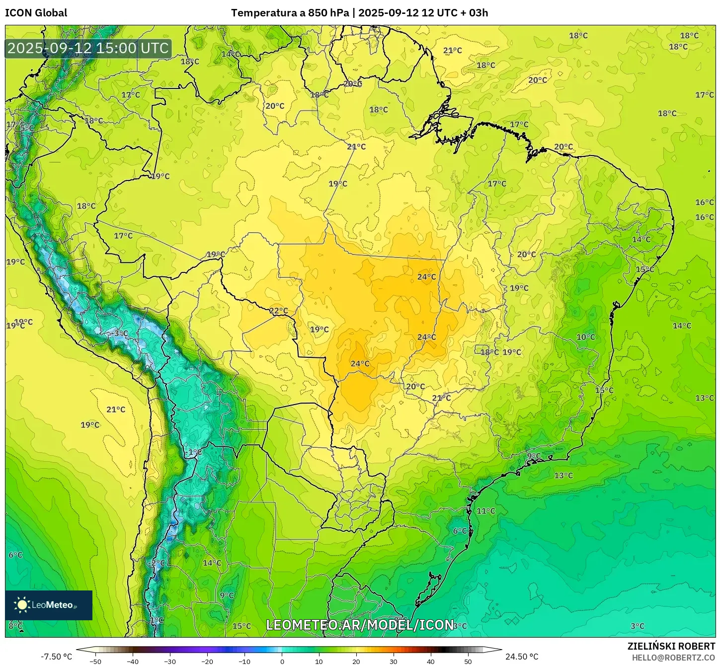 ICON model - Brasil, Temperatura a 850 hPa ICON model - Brasil, Temperatura a 850 hPa
