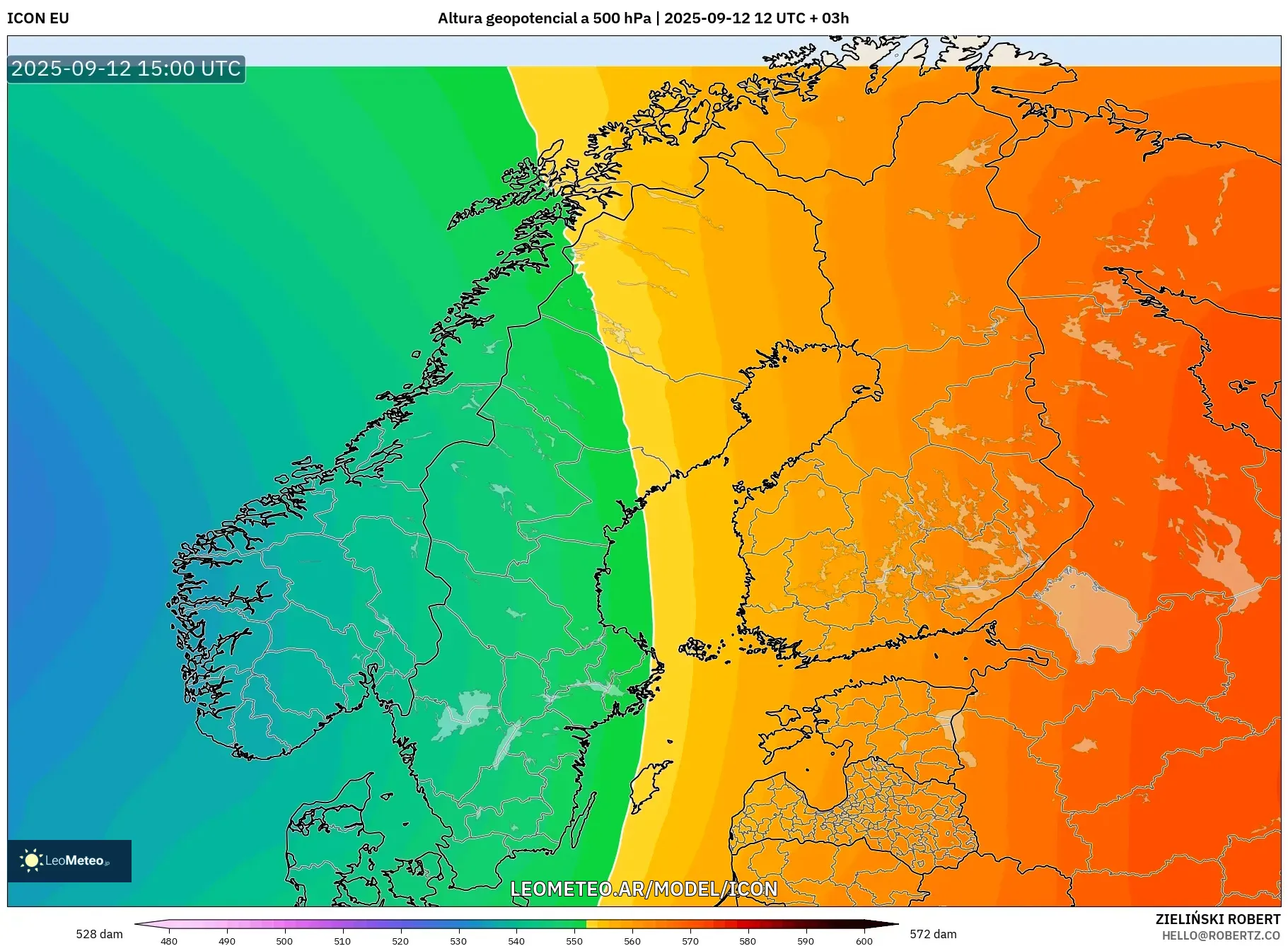 ICON model - Escandinavia, Altura geopotencial a 500 hPa