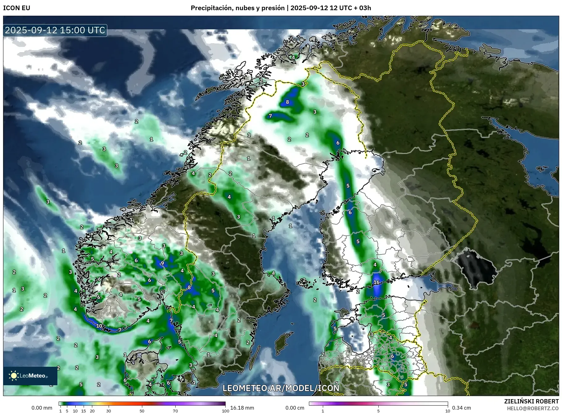 ICON model - Escandinavia, Precipitación, nubes y presión