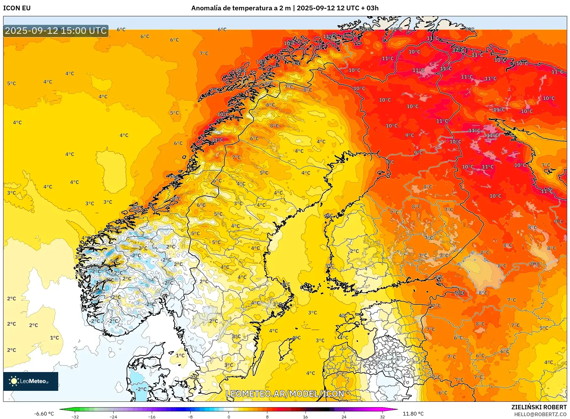ICON model - Escandinavia, Anomalía de temperatura a 2 m