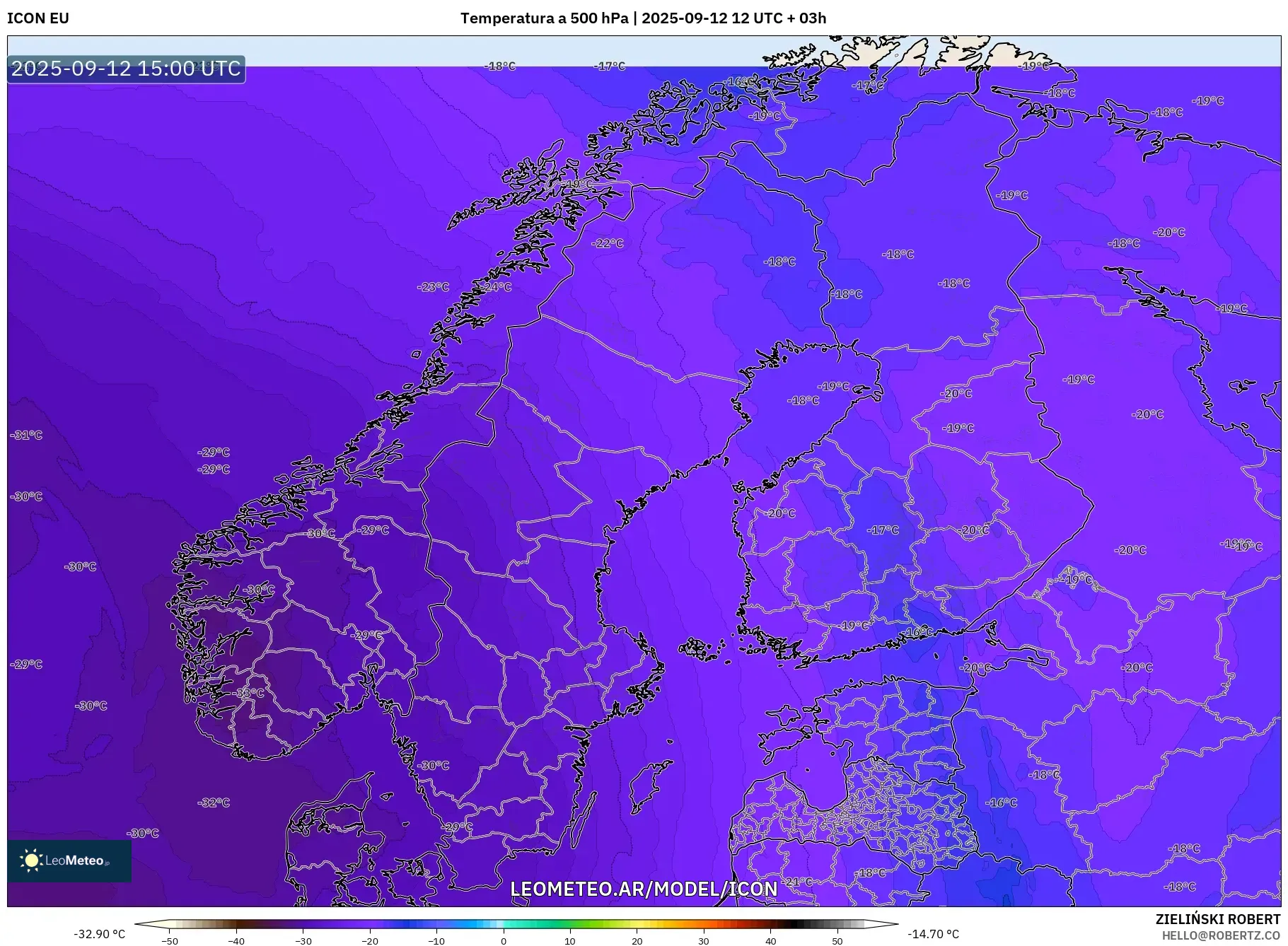 ICON model - Escandinavia, Temperatura a 500 hPa