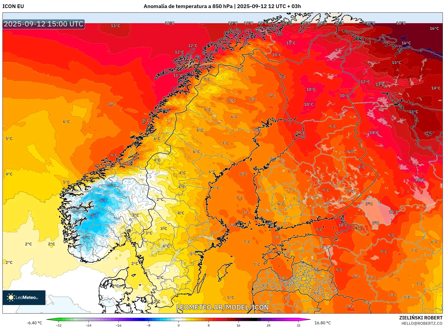 ICON model - Escandinavia, Anomalía de temperatura a 850 hPa ICON model - Escandinavia, Anomalía de temperatura a 850 hPa