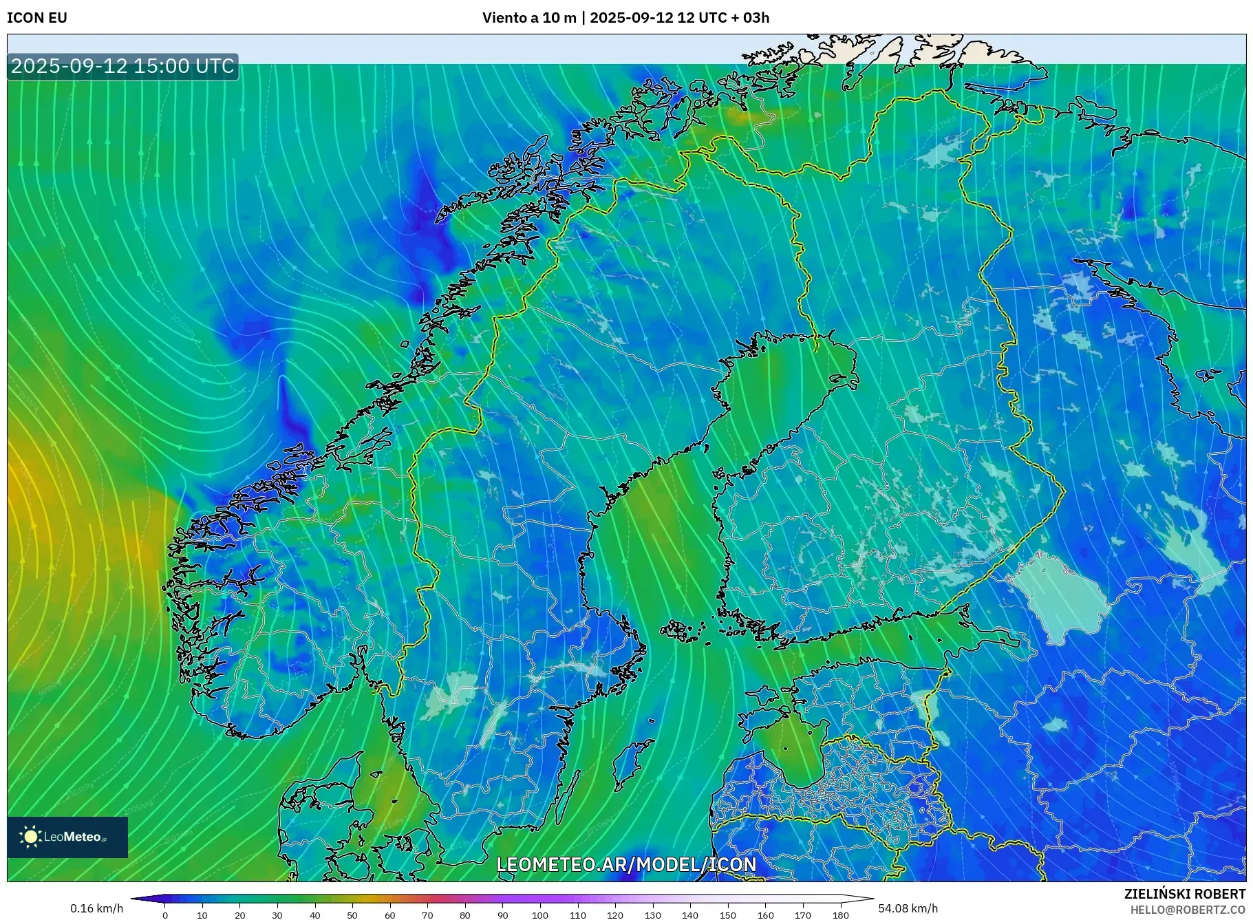 ICON model - Escandinavia, Viento a 10 m