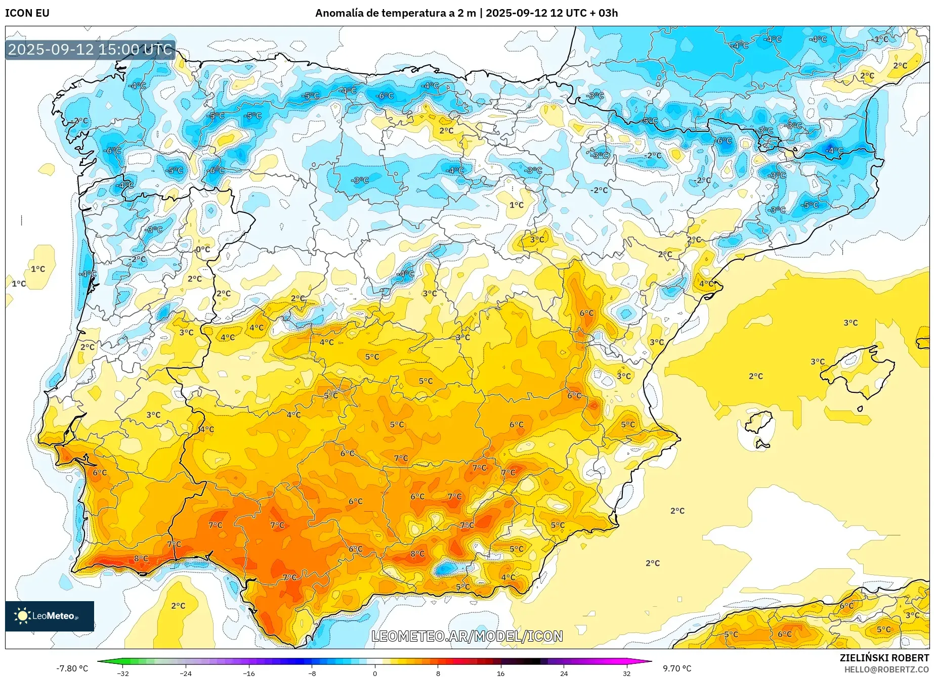 ICON model - España, Anomalía de temperatura a 2 m