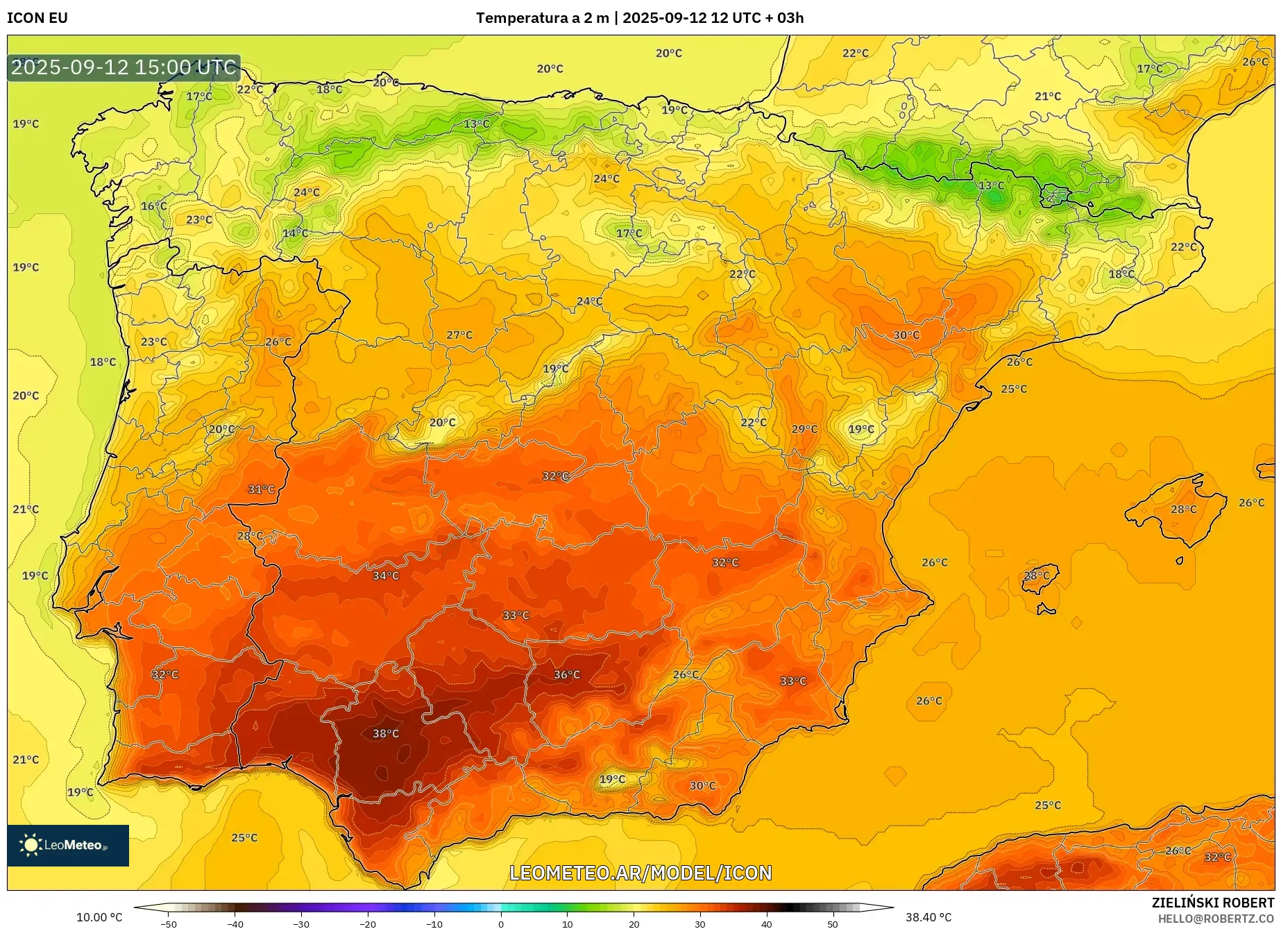 ICON model - España, Temperatura a 2 m ICON model - España, Temperatura a 2 m