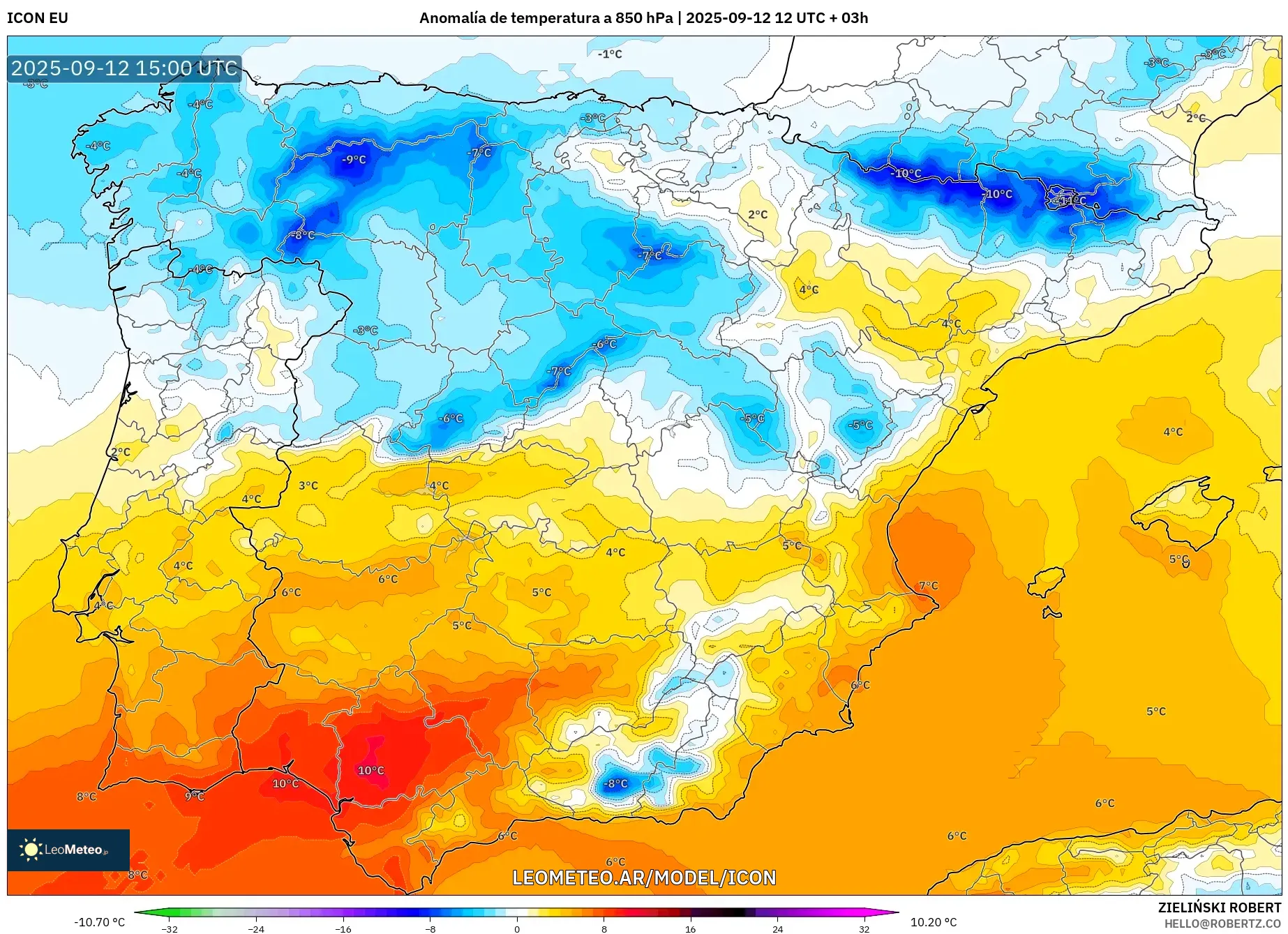 ICON model - España, Anomalía de temperatura a 850 hPa