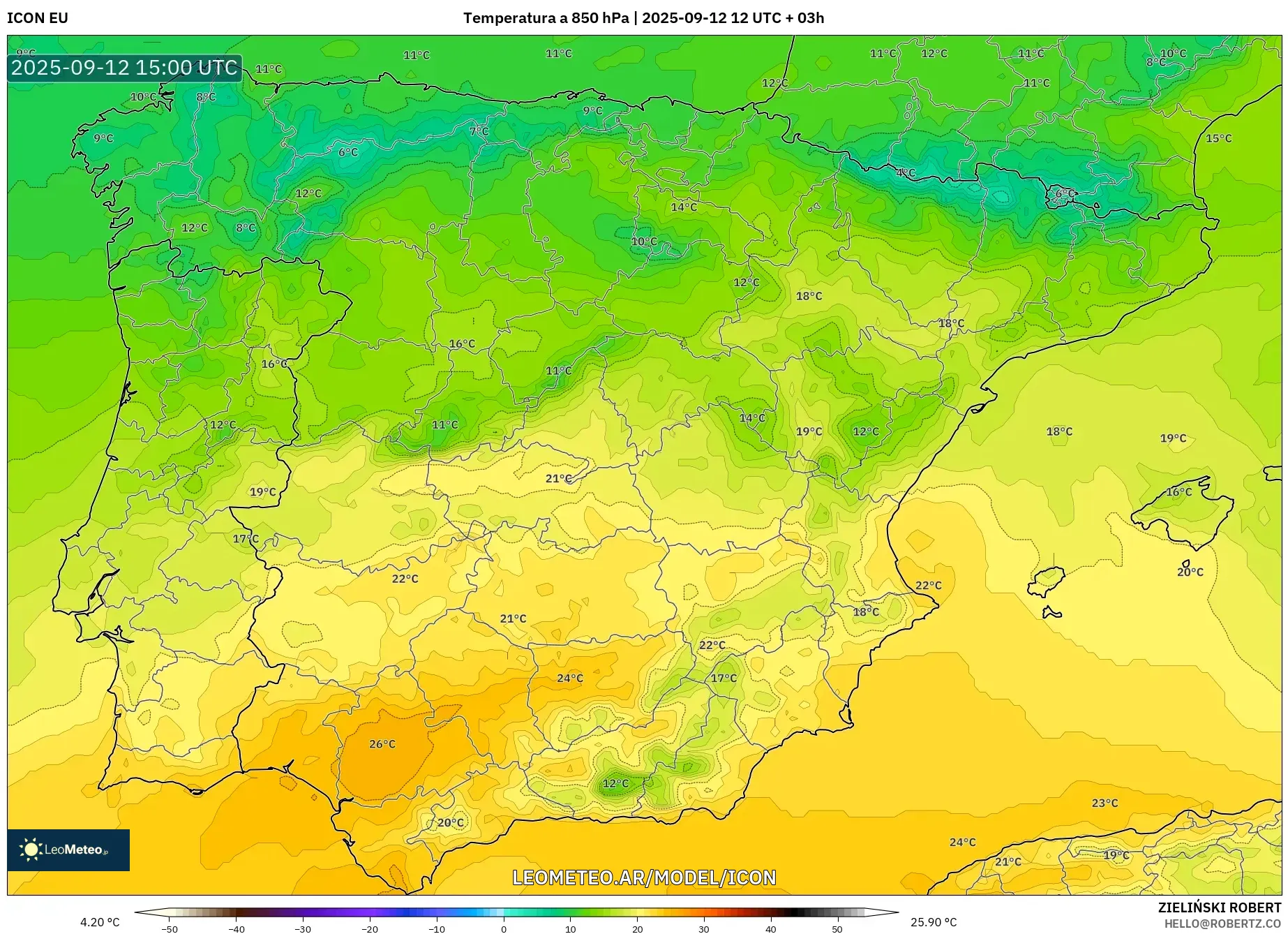 ICON model - España, Temperatura a 850 hPa
