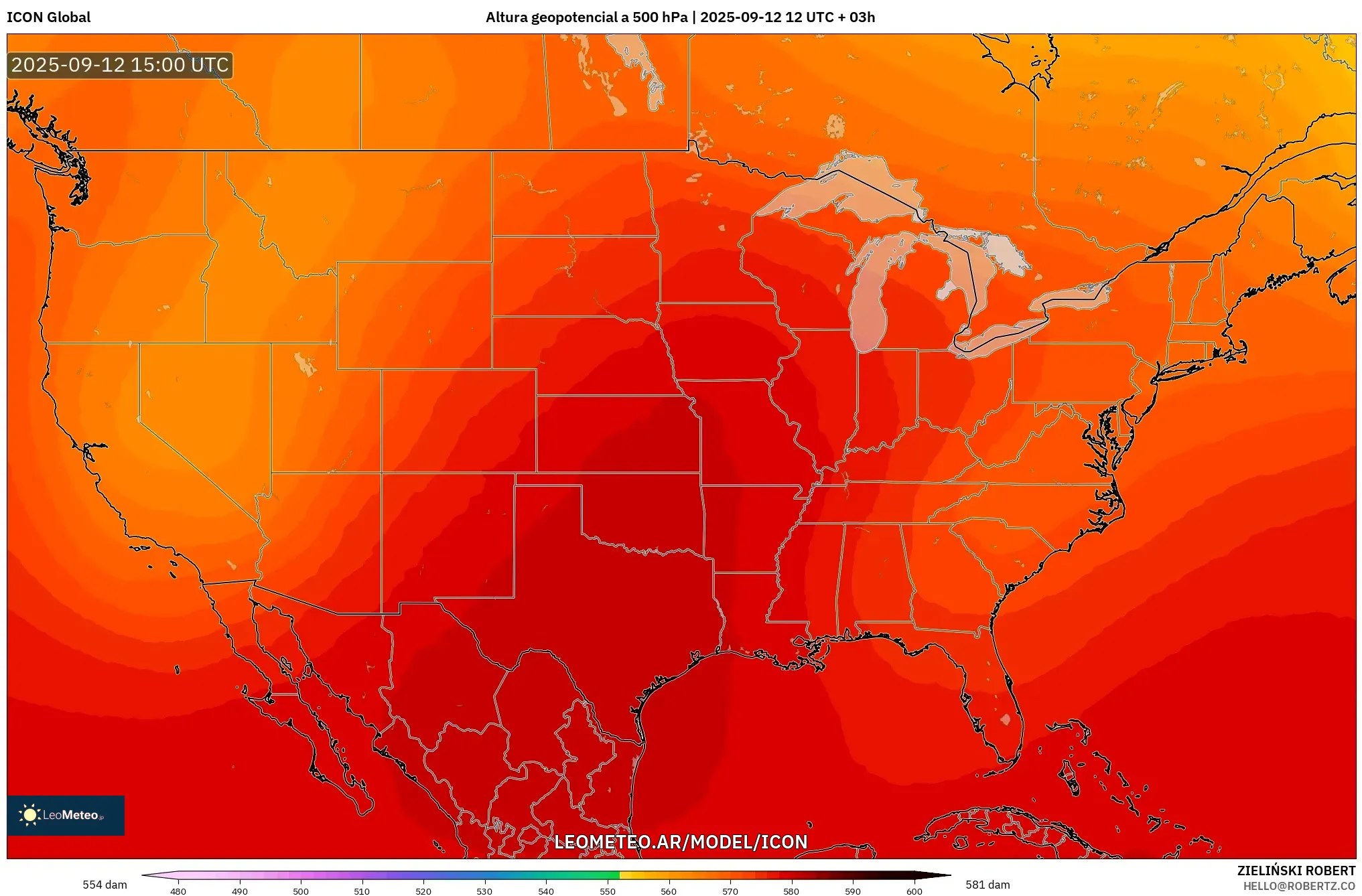 ICON model - Estados Unidos, Altura geopotencial a 500 hPa