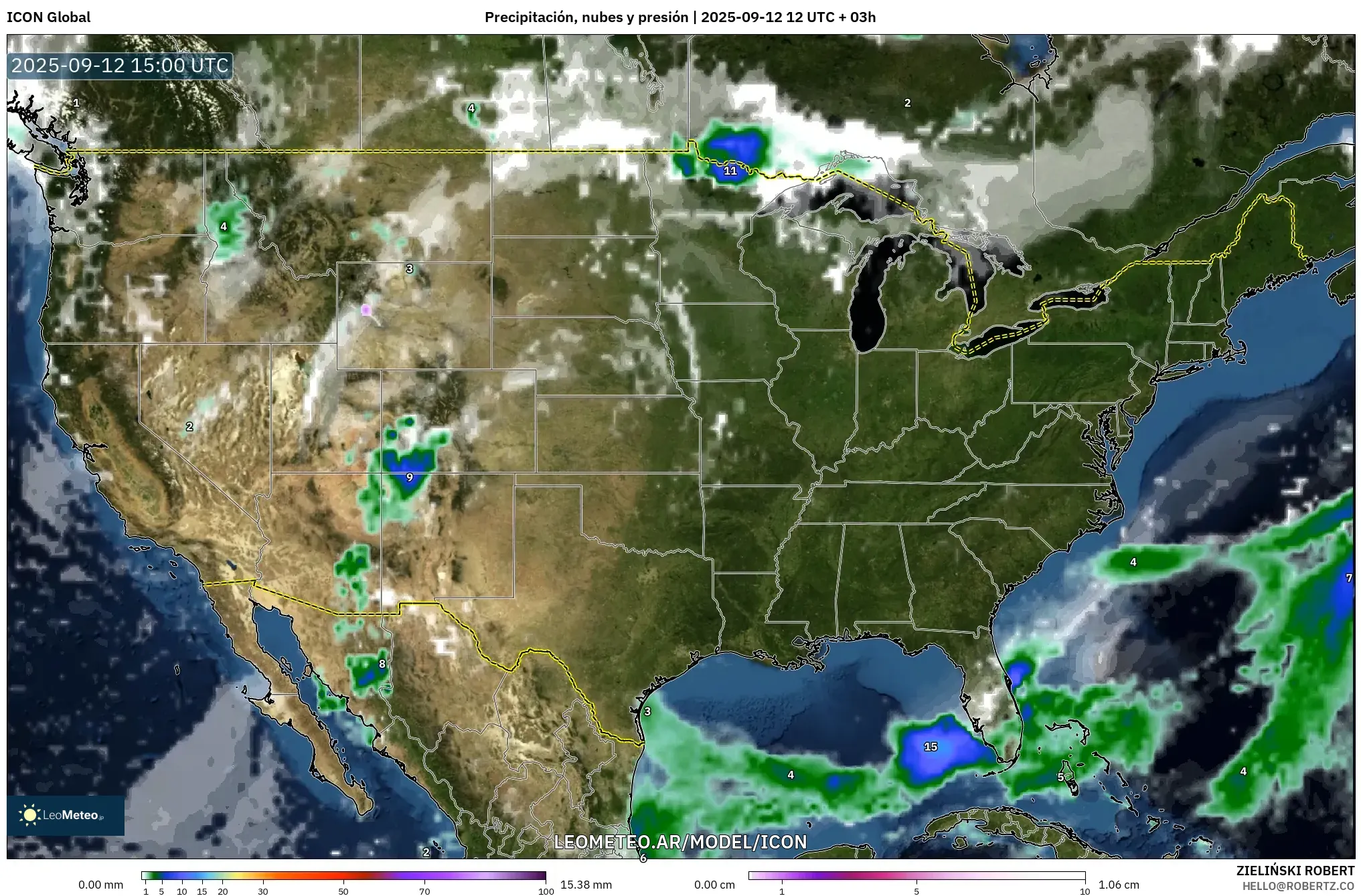 ICON model - Estados Unidos, Precipitación, nubes y presión