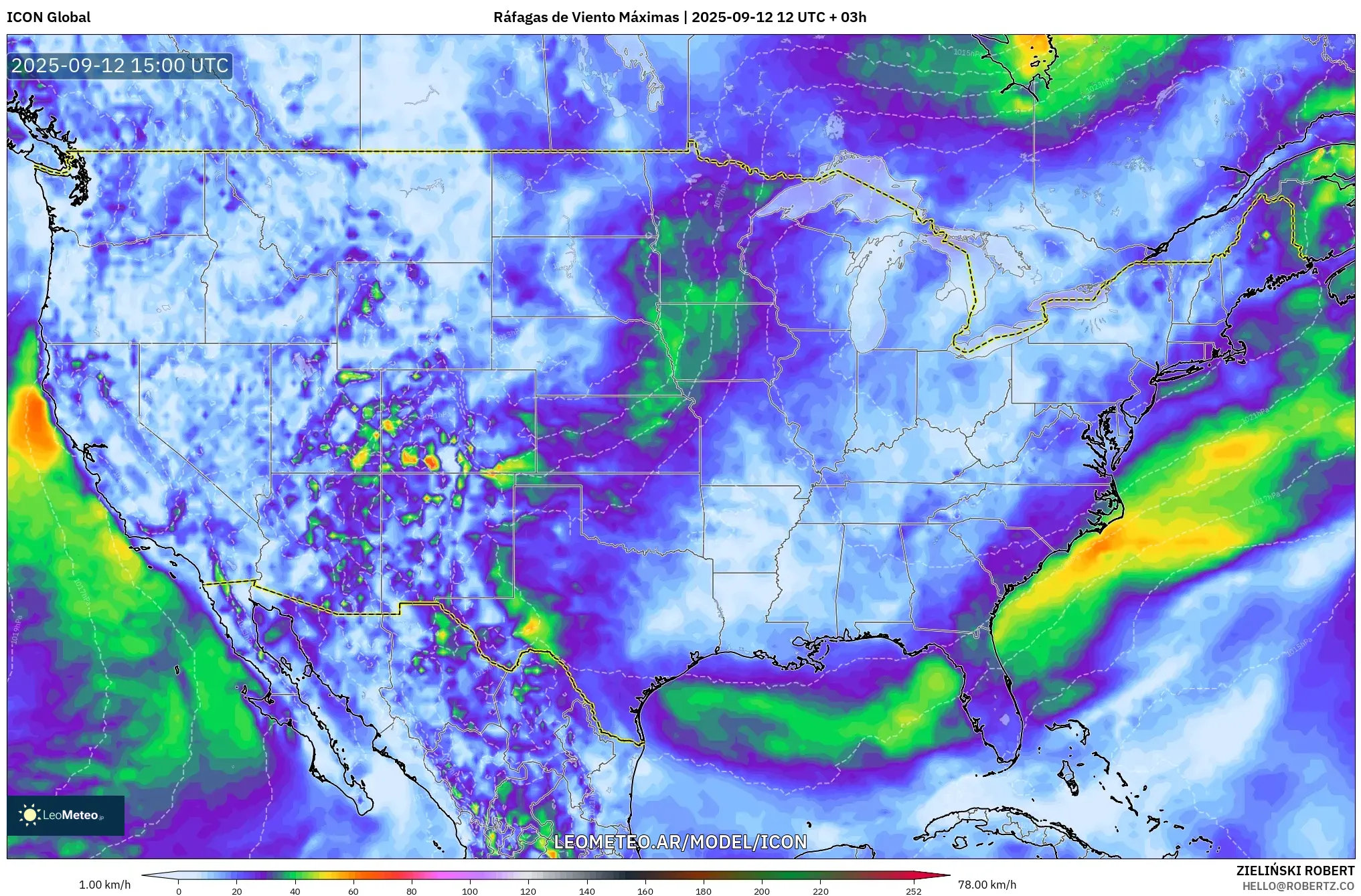 ICON model - Estados Unidos, Ráfagas de Viento Máximas ICON model - Estados Unidos, Ráfagas de Viento Máximas