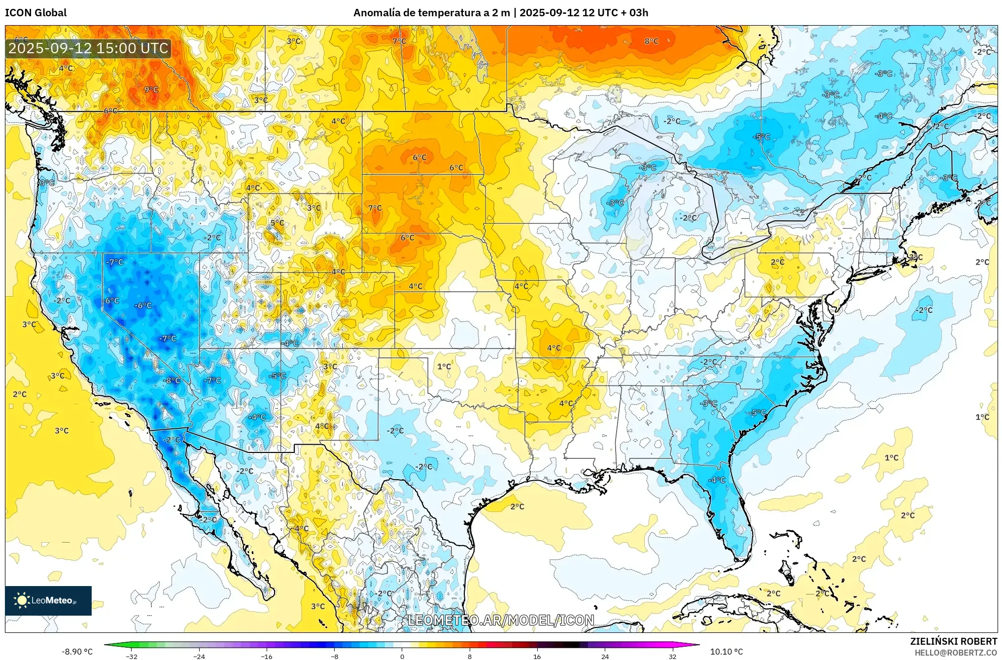 ICON model - Estados Unidos, Anomalía de temperatura a 2 m ICON model - Estados Unidos, Anomalía de temperatura a 2 m
