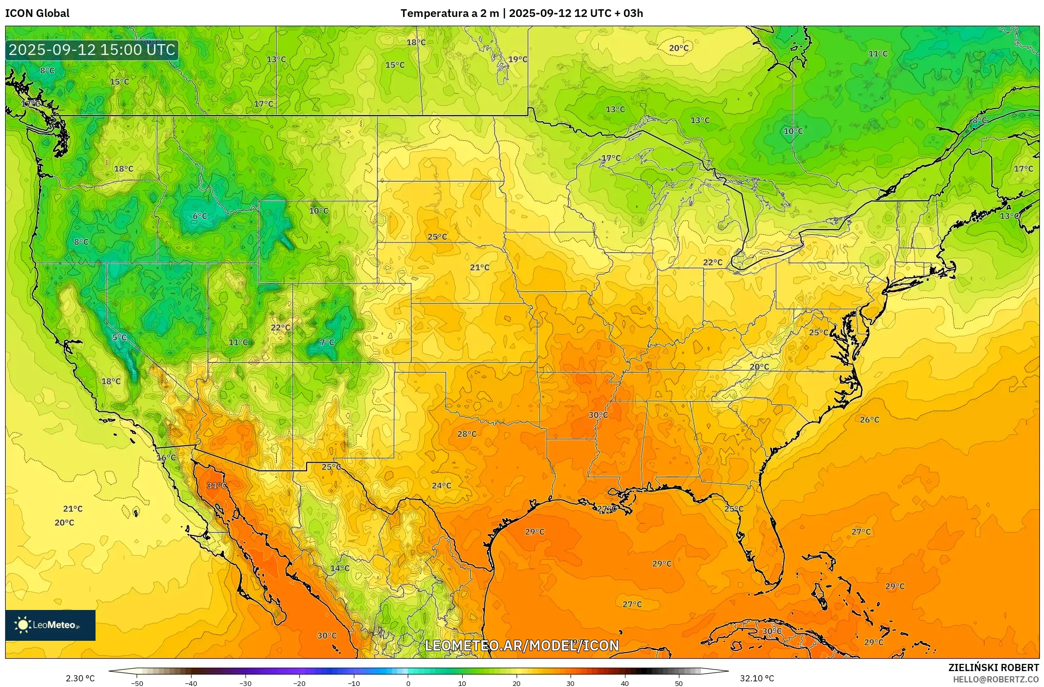 ICON model - Estados Unidos, Temperatura a 2 m