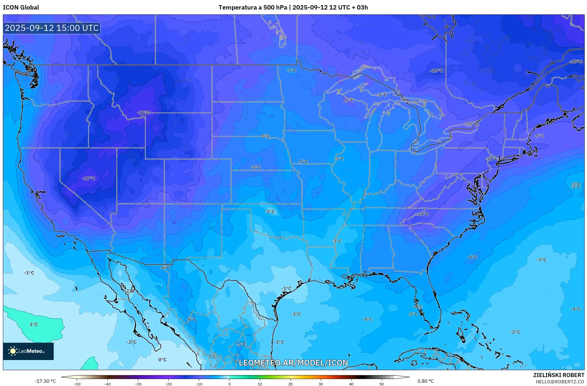 ICON model - Estados Unidos, Temperatura a 500 hPa
