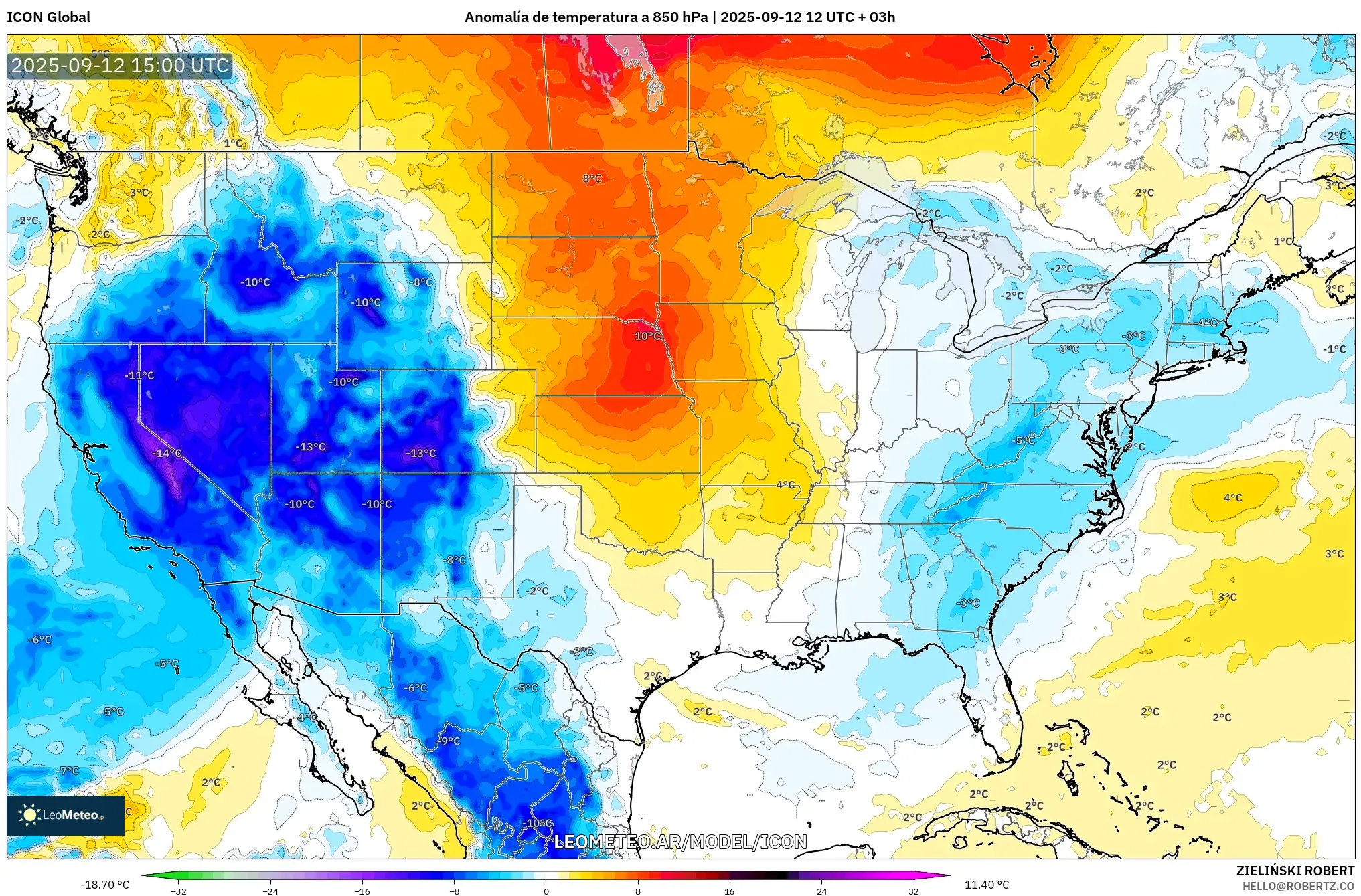 ICON model - Estados Unidos, Anomalía de temperatura a 850 hPa ICON model - Estados Unidos, Anomalía de temperatura a 850 hPa