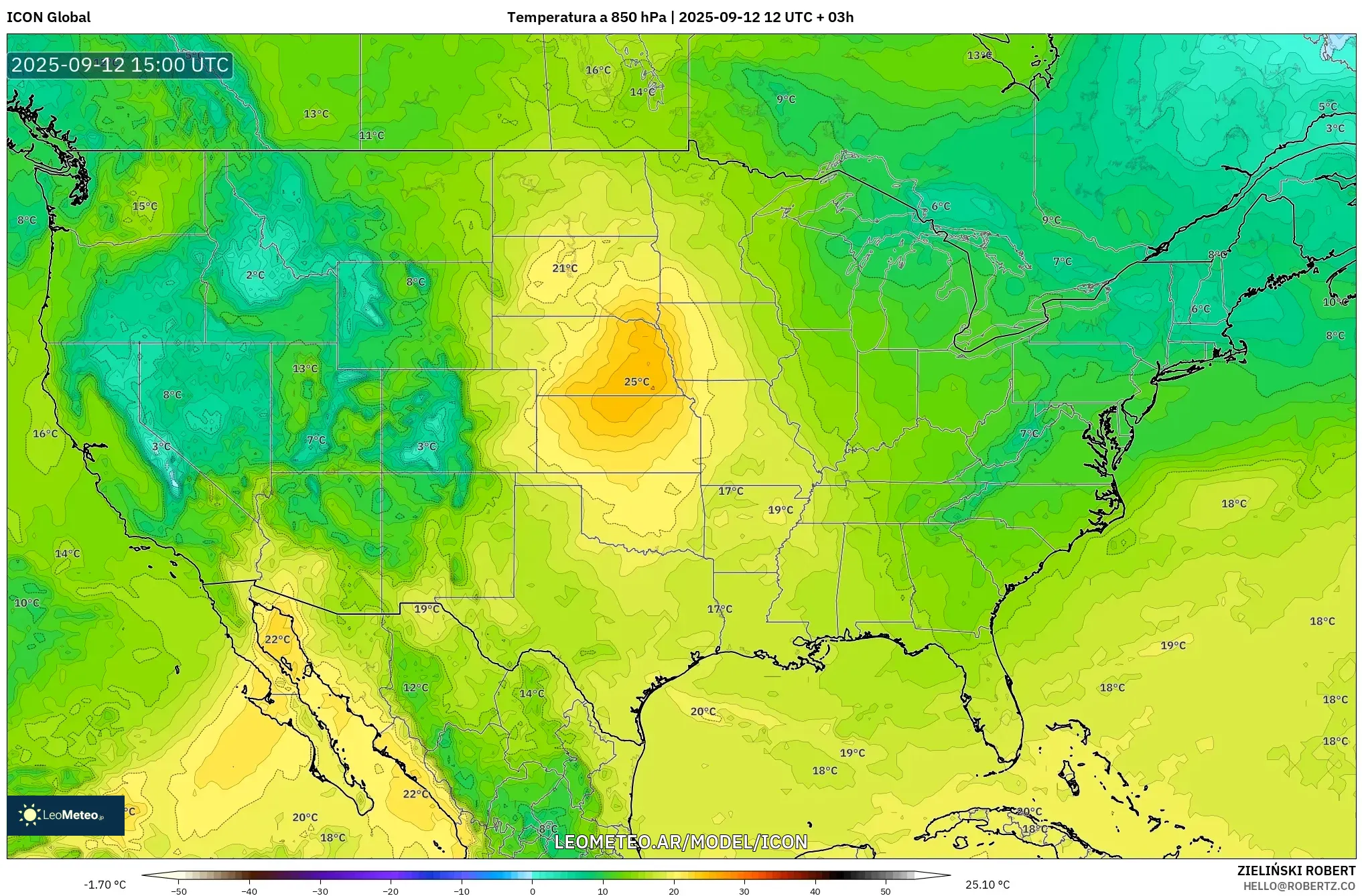 ICON model - Estados Unidos, Temperatura a 850 hPa