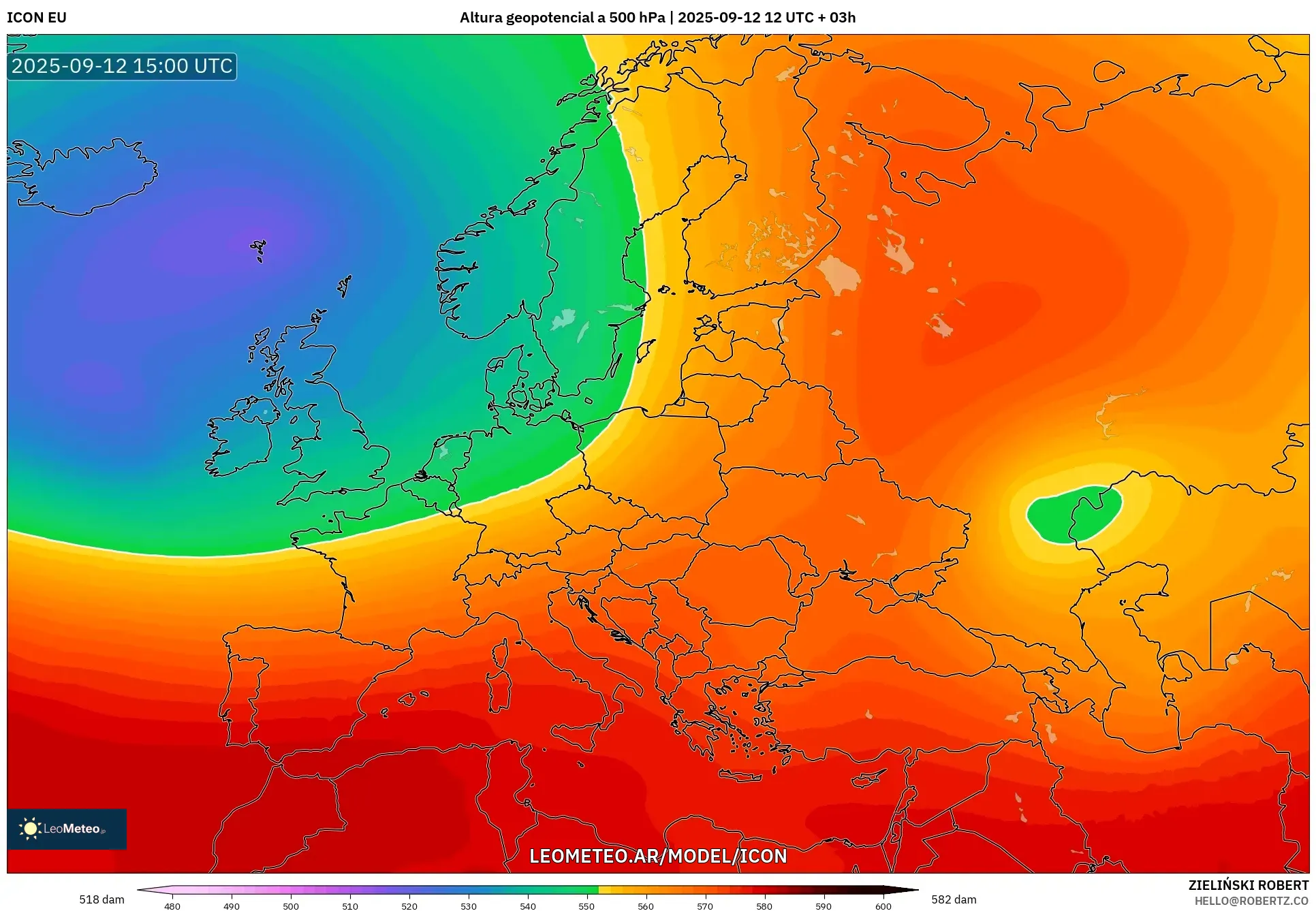 ICON model - Europa, Altura geopotencial a 500 hPa