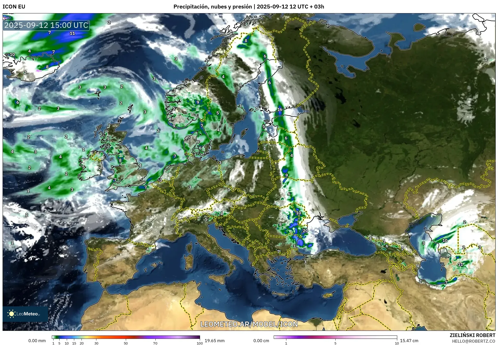 ICON model - Europa, Precipitación, nubes y presión ICON model - Europa, Precipitación, nubes y presión