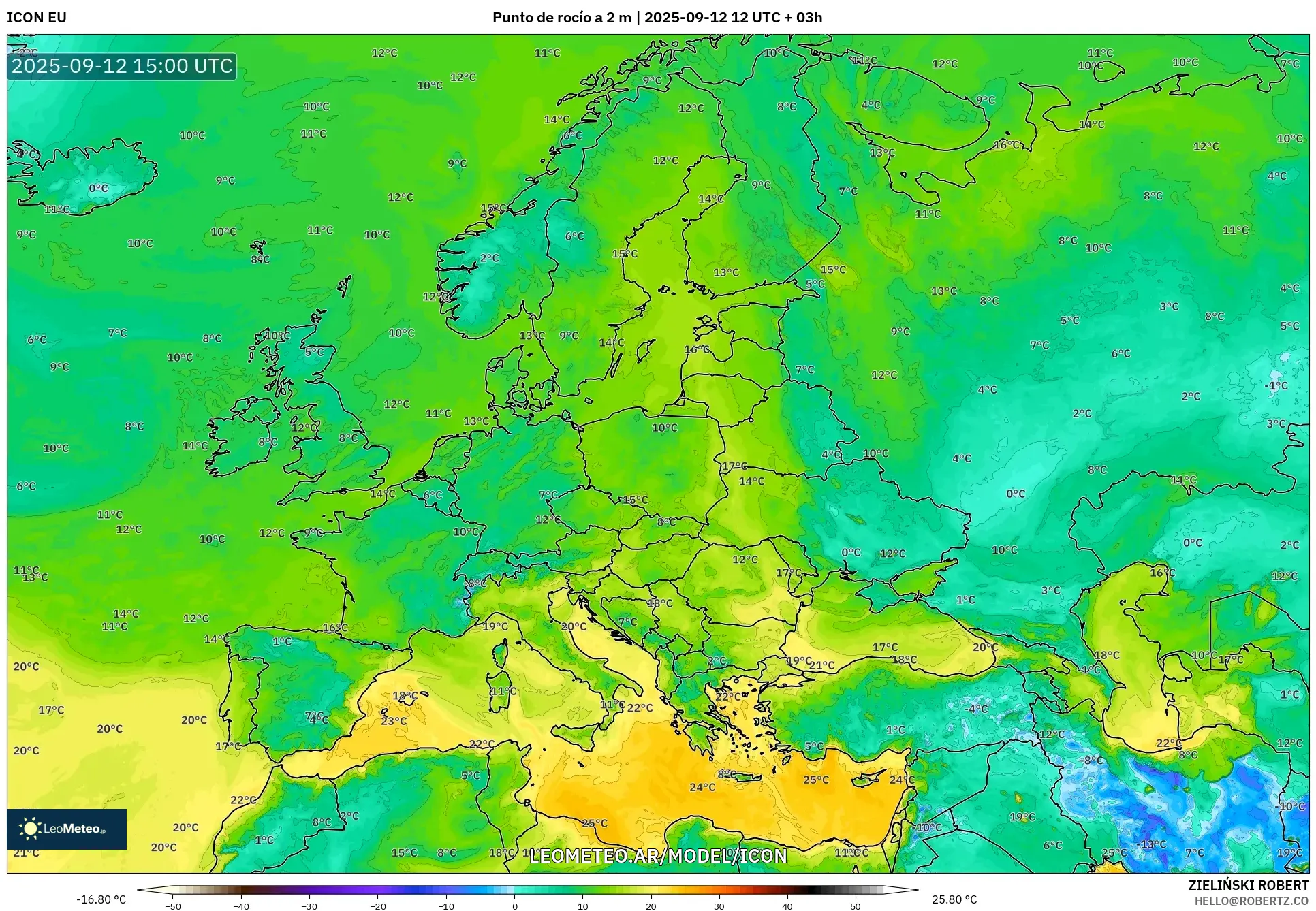 ICON model - Europa, Punto de rocío a 2 m ICON model - Europa, Punto de rocío a 2 m