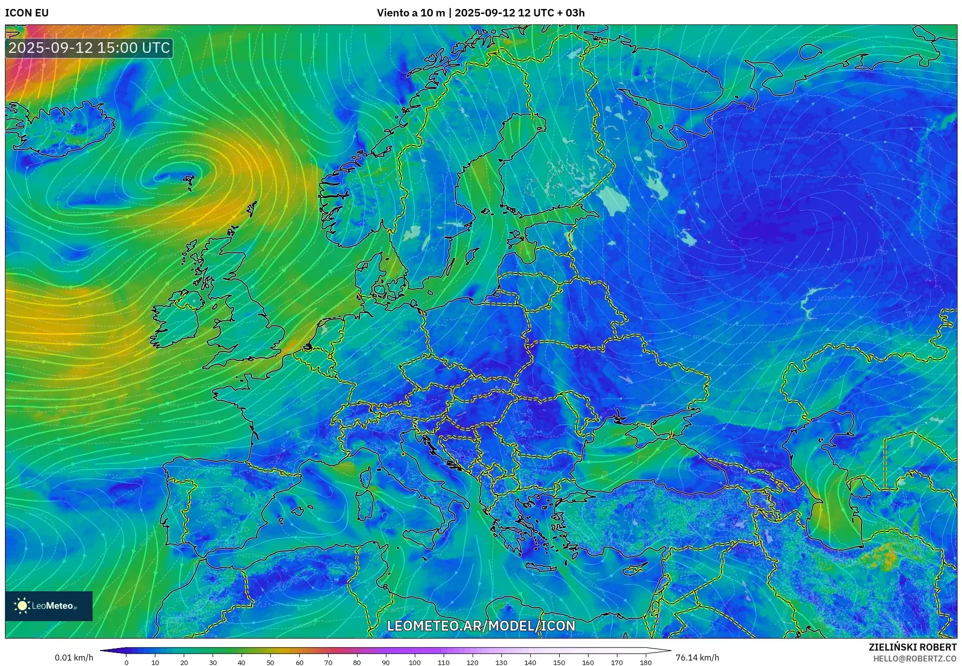 ICON model - Europa, Viento a 10 m
