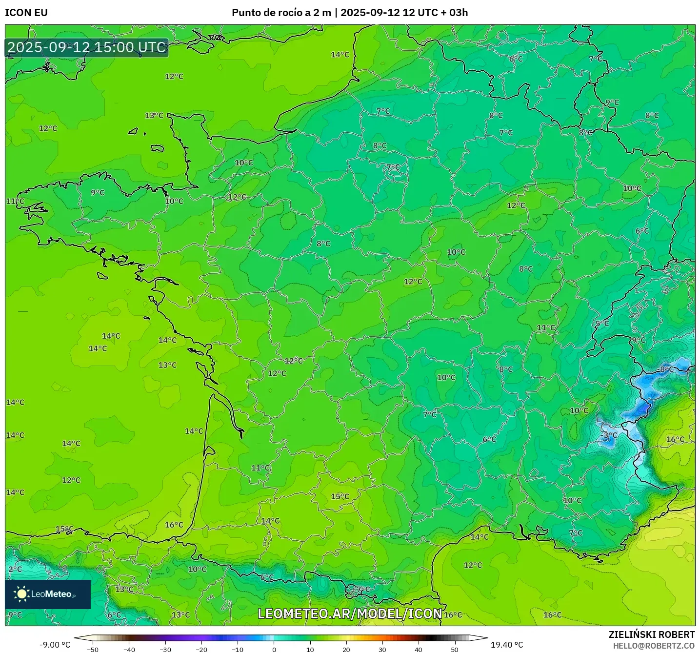 ICON model - Francia, Punto de rocío a 2 m ICON model - Francia, Punto de rocío a 2 m