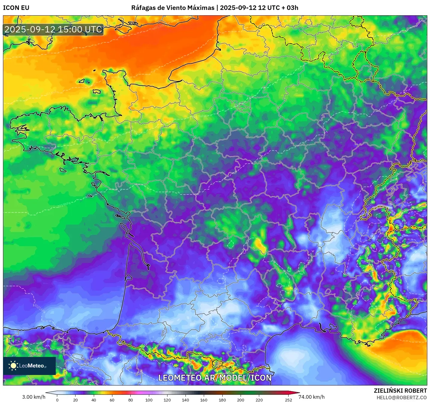 ICON model - Francia, Ráfagas de Viento Máximas ICON model - Francia, Ráfagas de Viento Máximas