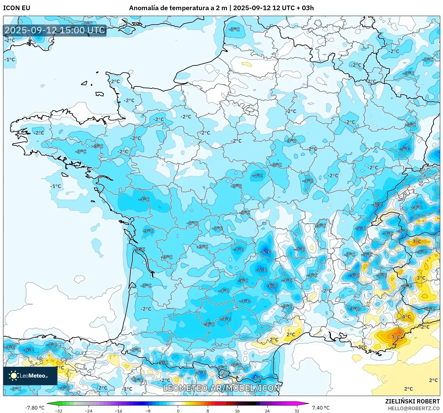 ICON model - Francia, Anomalía de temperatura a 2 m ICON model - Francia, Anomalía de temperatura a 2 m
