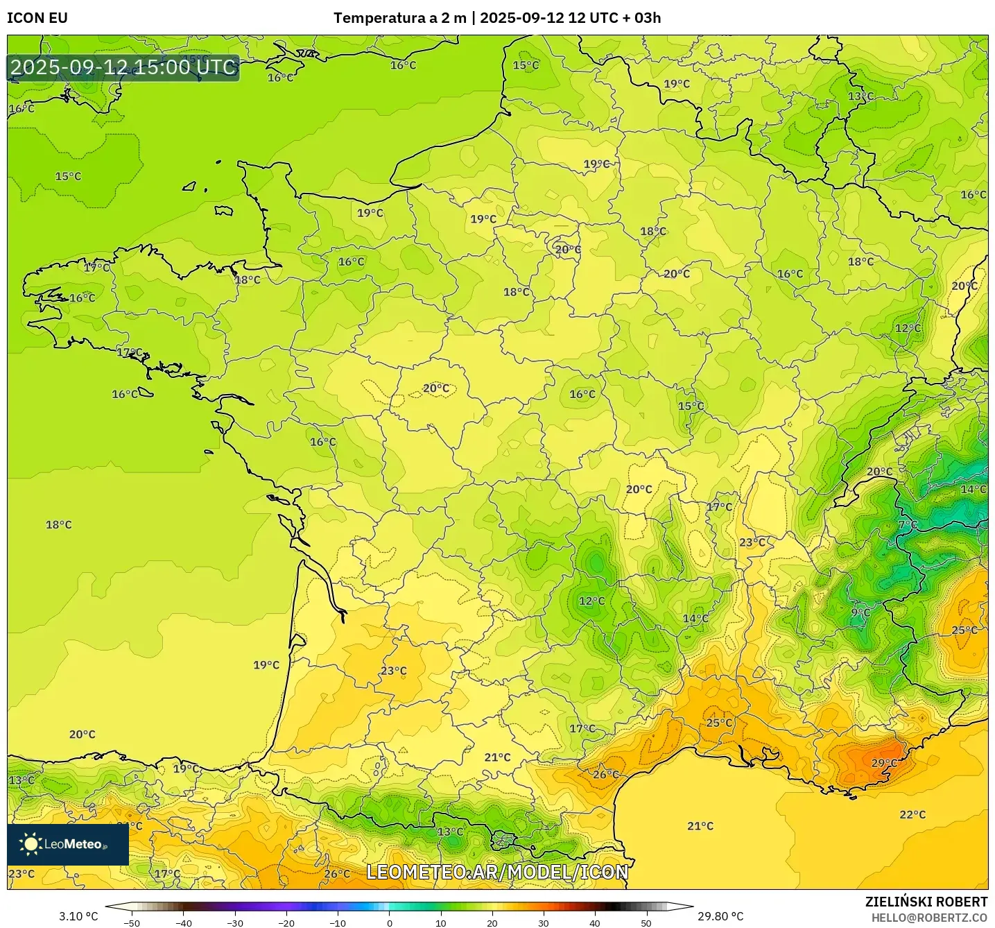 ICON model - Francia, Temperatura a 2 m