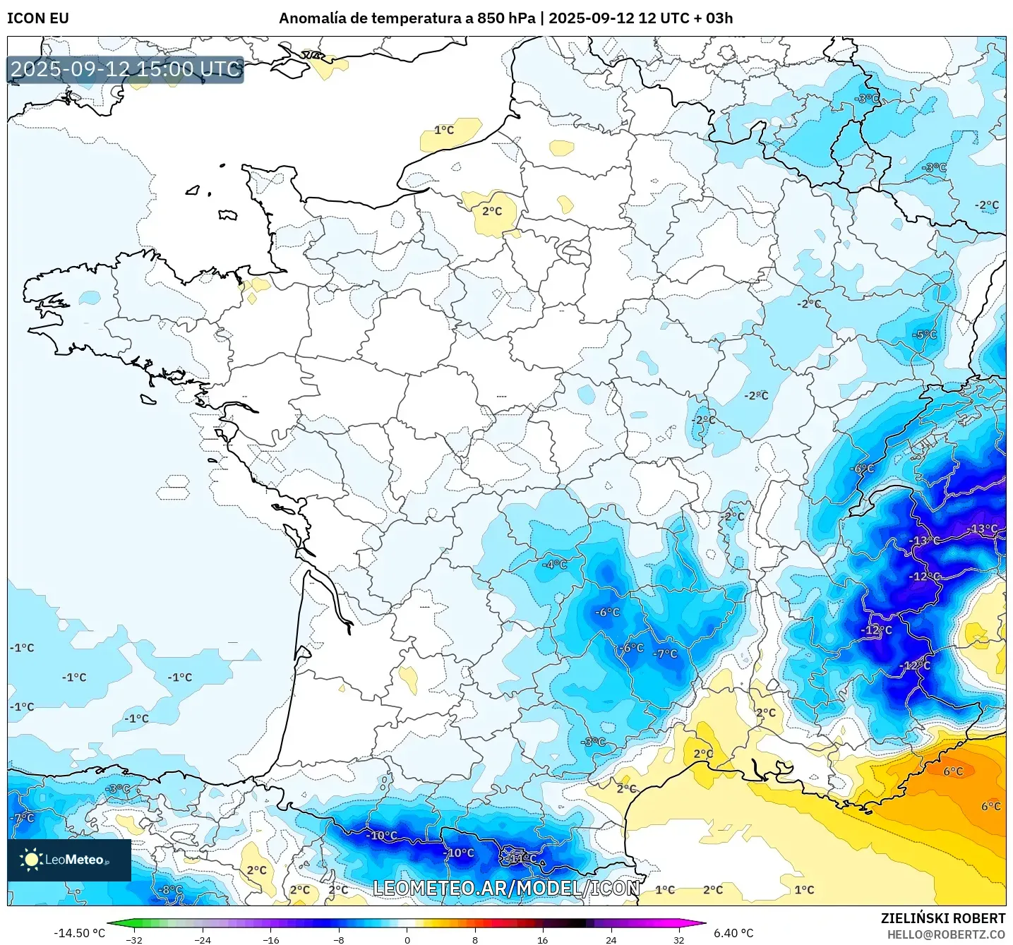 ICON model - Francia, Anomalía de temperatura a 850 hPa