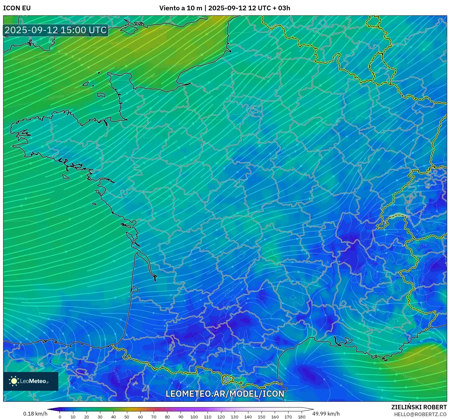 ICON model - Francia, Viento a 10 m ICON model - Francia, Viento a 10 m